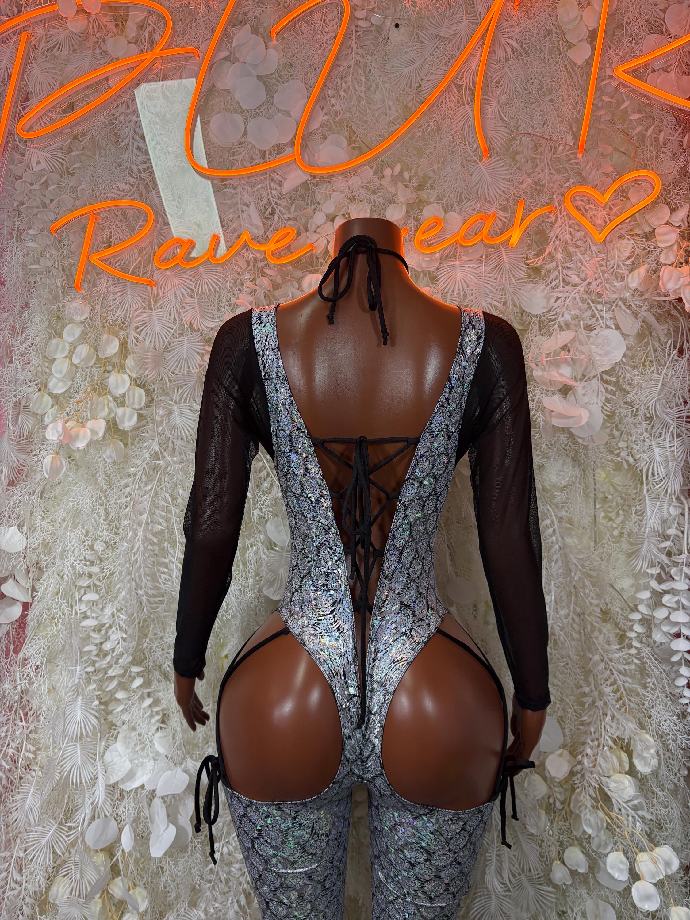 Silver-blue metallic bodysuit with crisscross back lace-up and black sheer sleeves