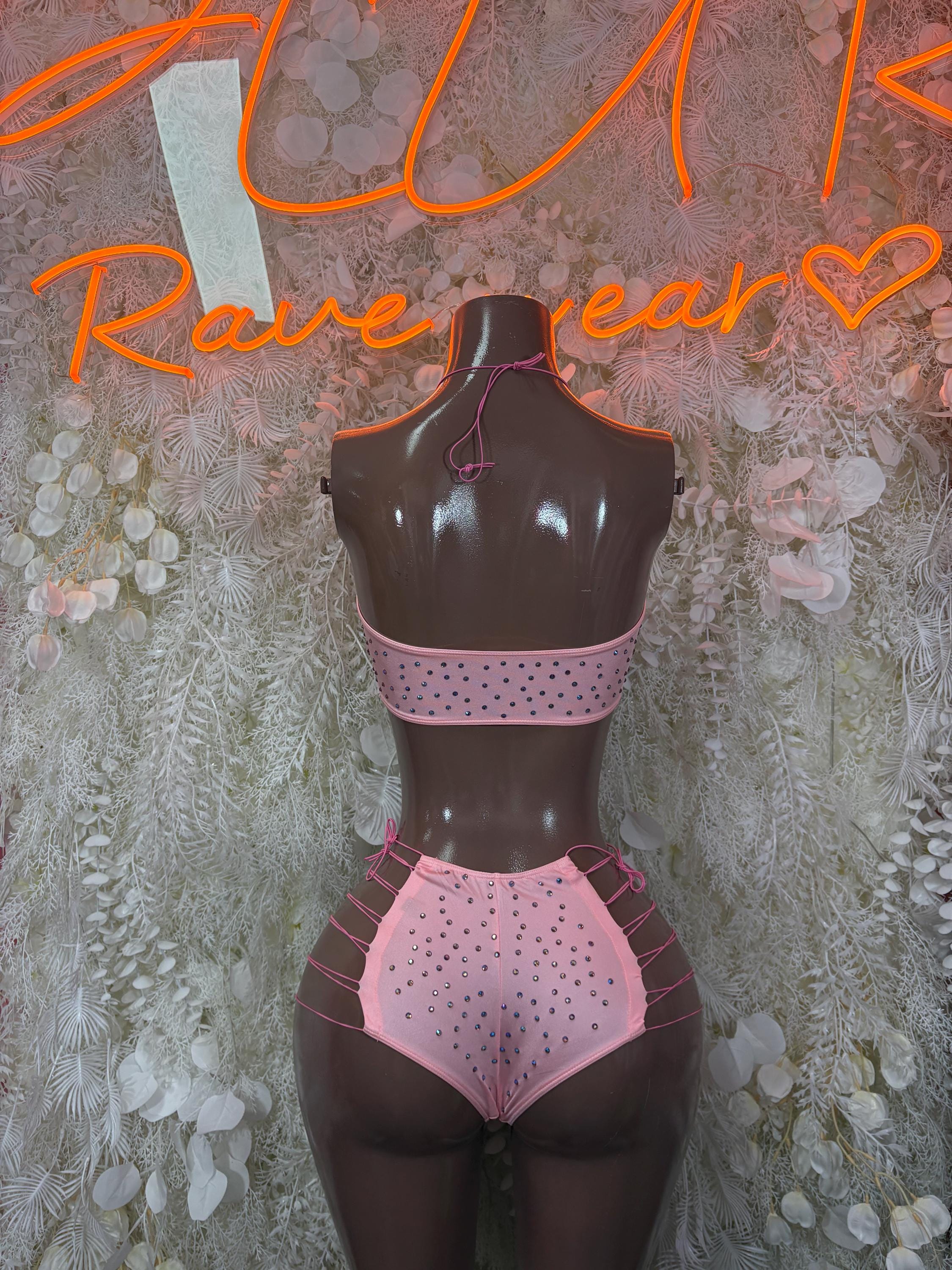Pink rhinestone bikini set shown from back with halter straps and briefs