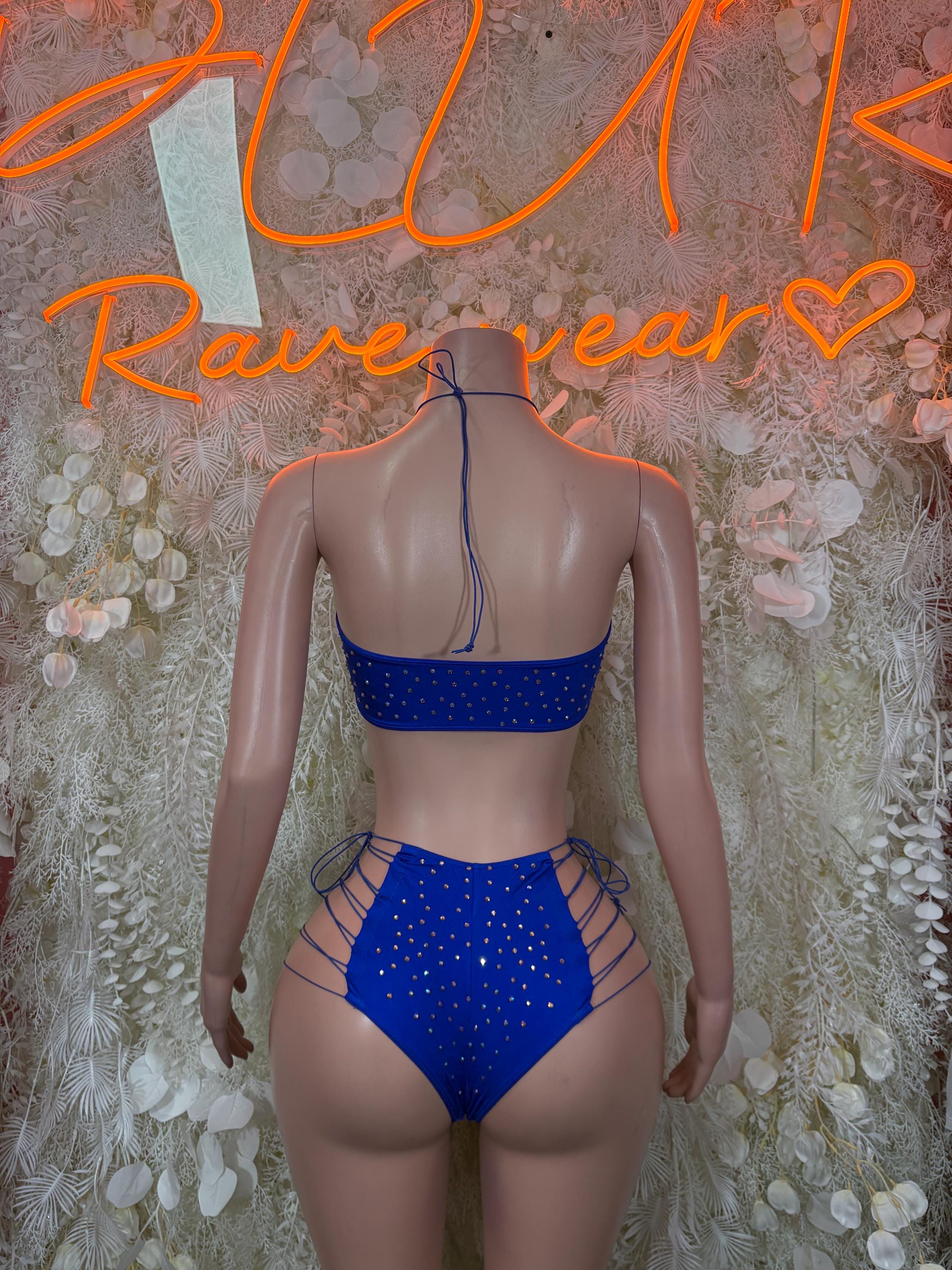 Back-view blue rhinestone bikini set with crisscross straps and high-waist bottoms
