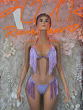 Lilac fringe two-piece bikini set with tie halter top and matching bikini bottoms