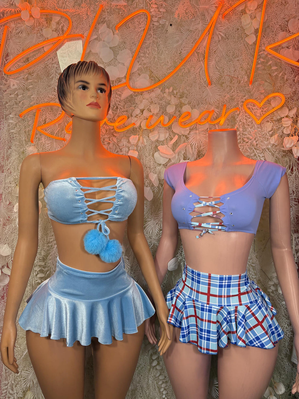 Two-piece skirt set worn in light blue; second model in blue top with plaid ruffle skirt