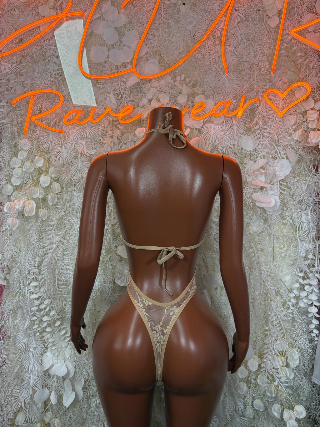 Tan lace bodysuit backless with crisscross tie straps and scalloped trim