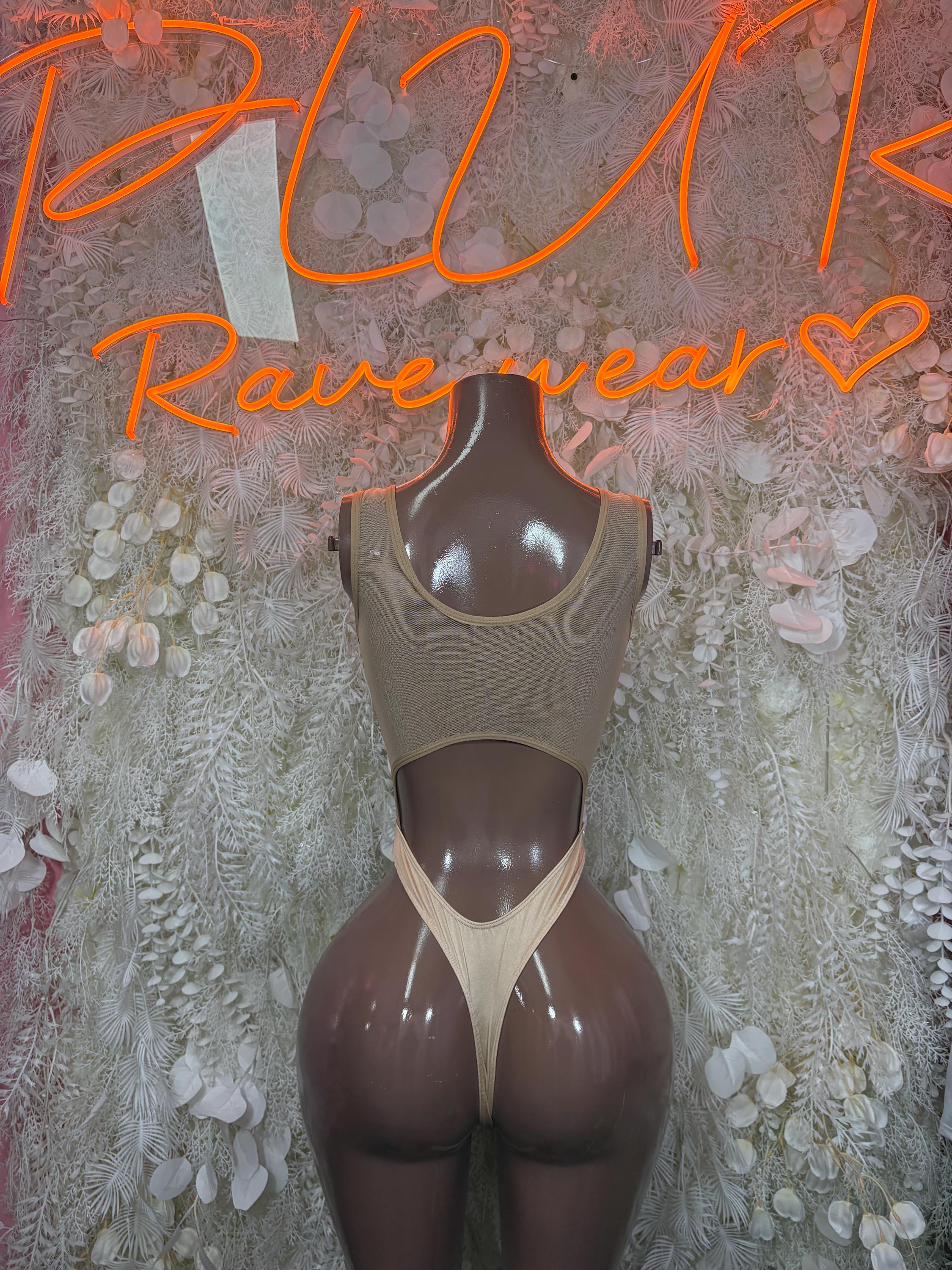 Tan lace bodysuit with high back and central cutout panel