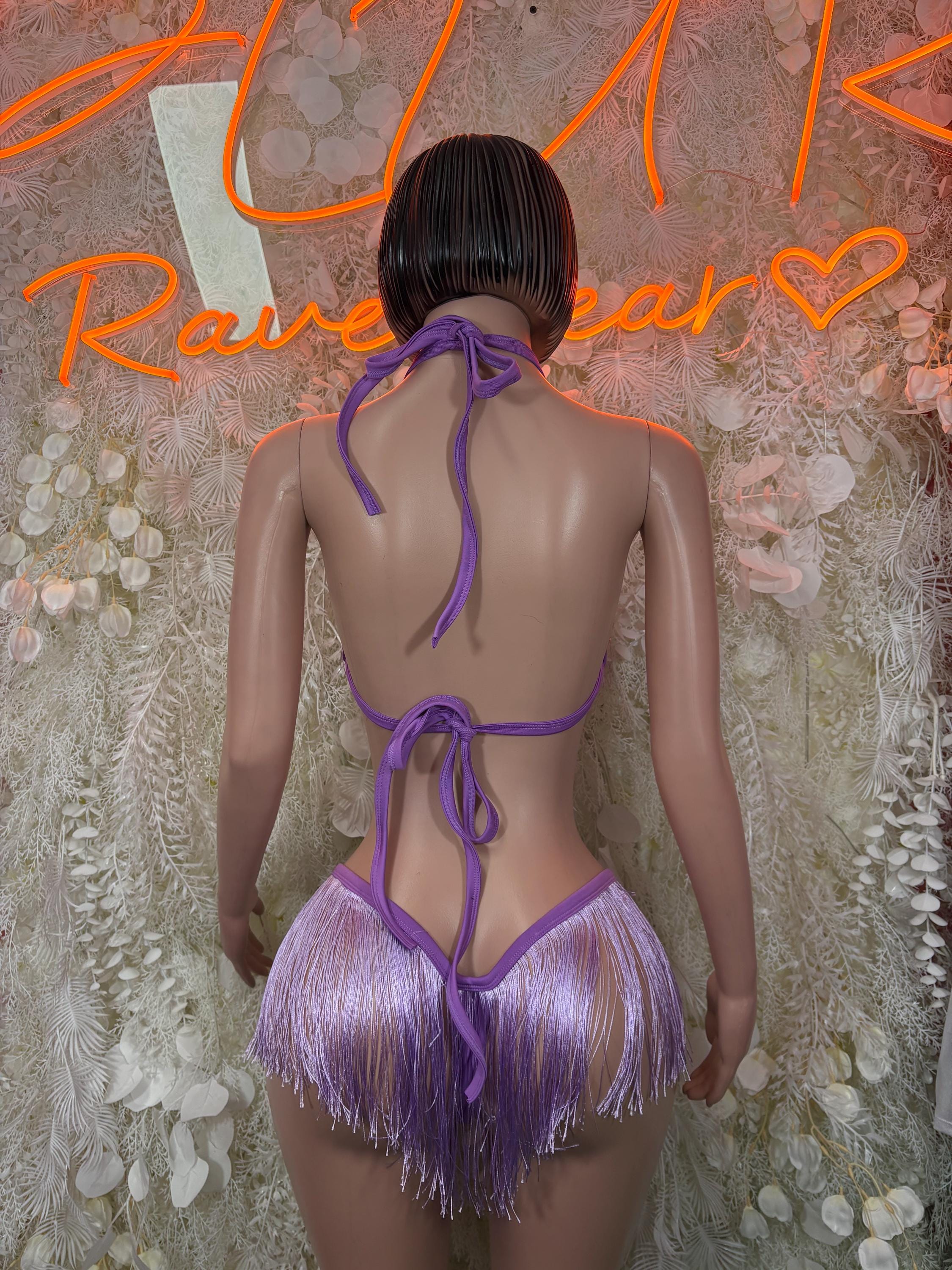 Lilac backless fringe two-piece set with halter strings and matching tassel bikini bottoms