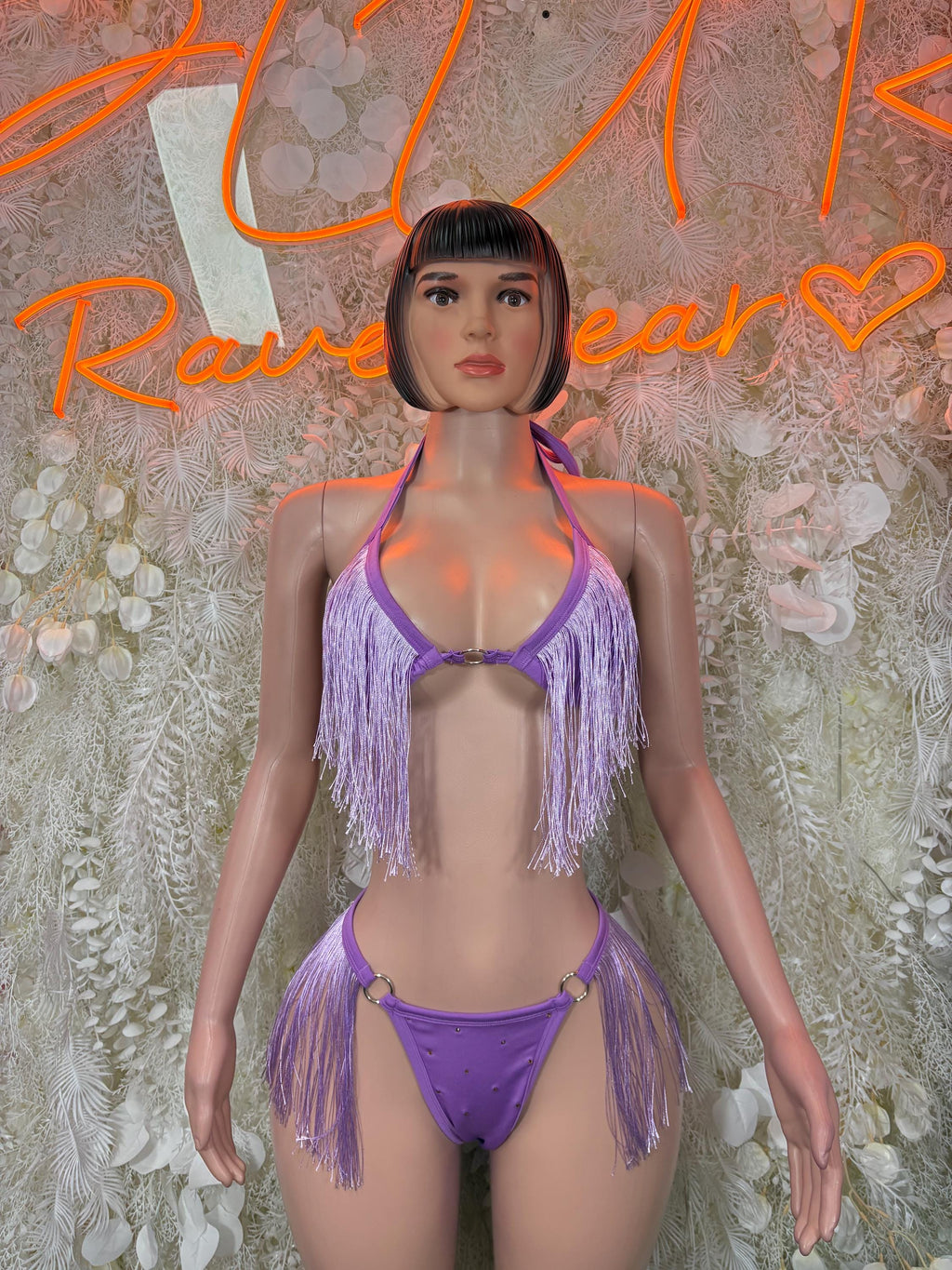 Lilac halter fringe two-piece set with tassel bikini top and matching string bottoms