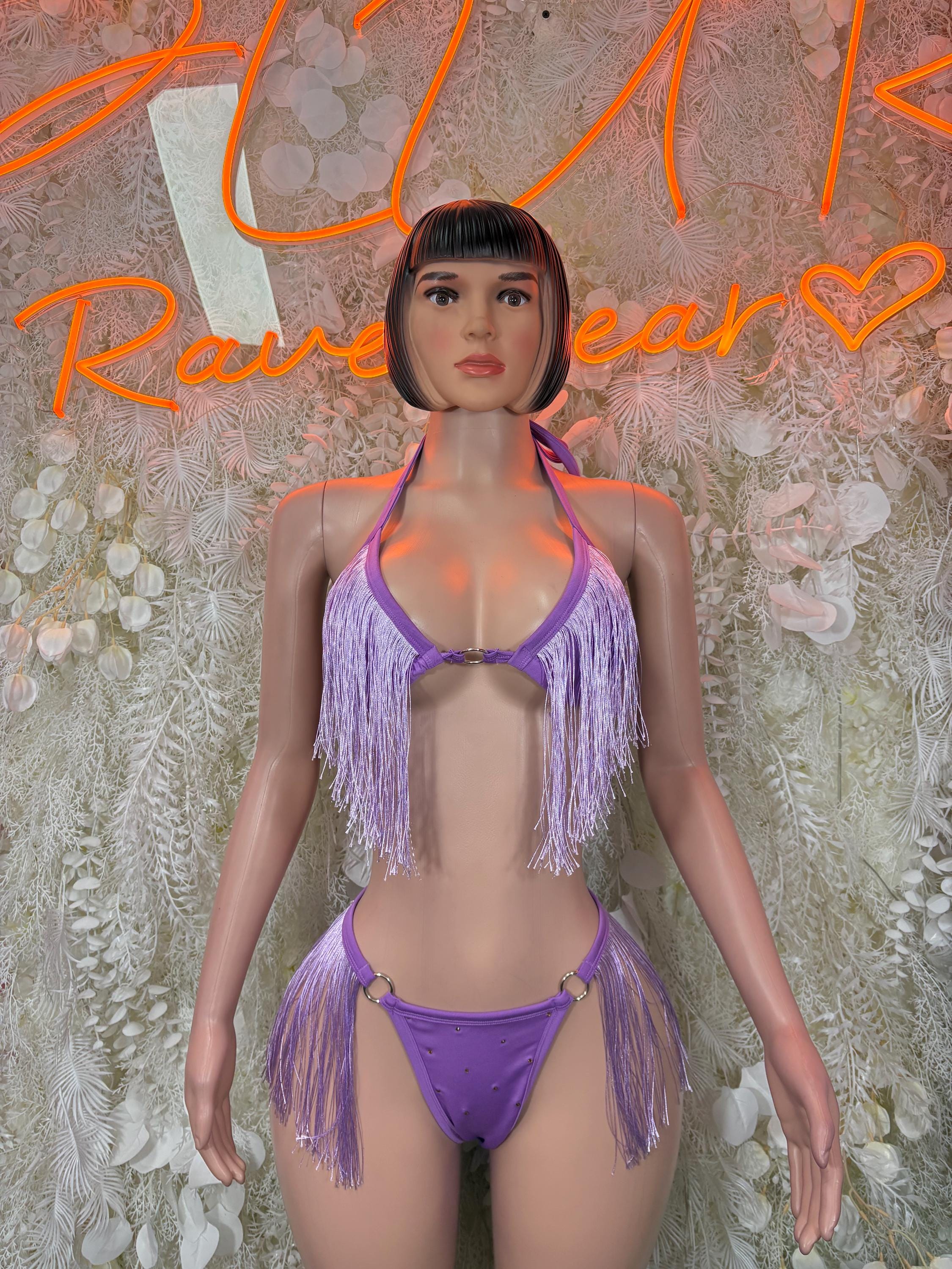 Lilac halter fringe two-piece set with tassel bikini top and matching string bottoms
