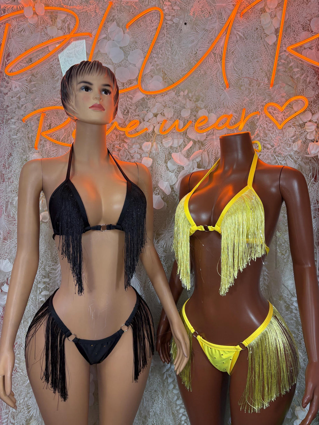 Black and neon-yellow fringe two-piece sets: triangle tops with tassel bottoms