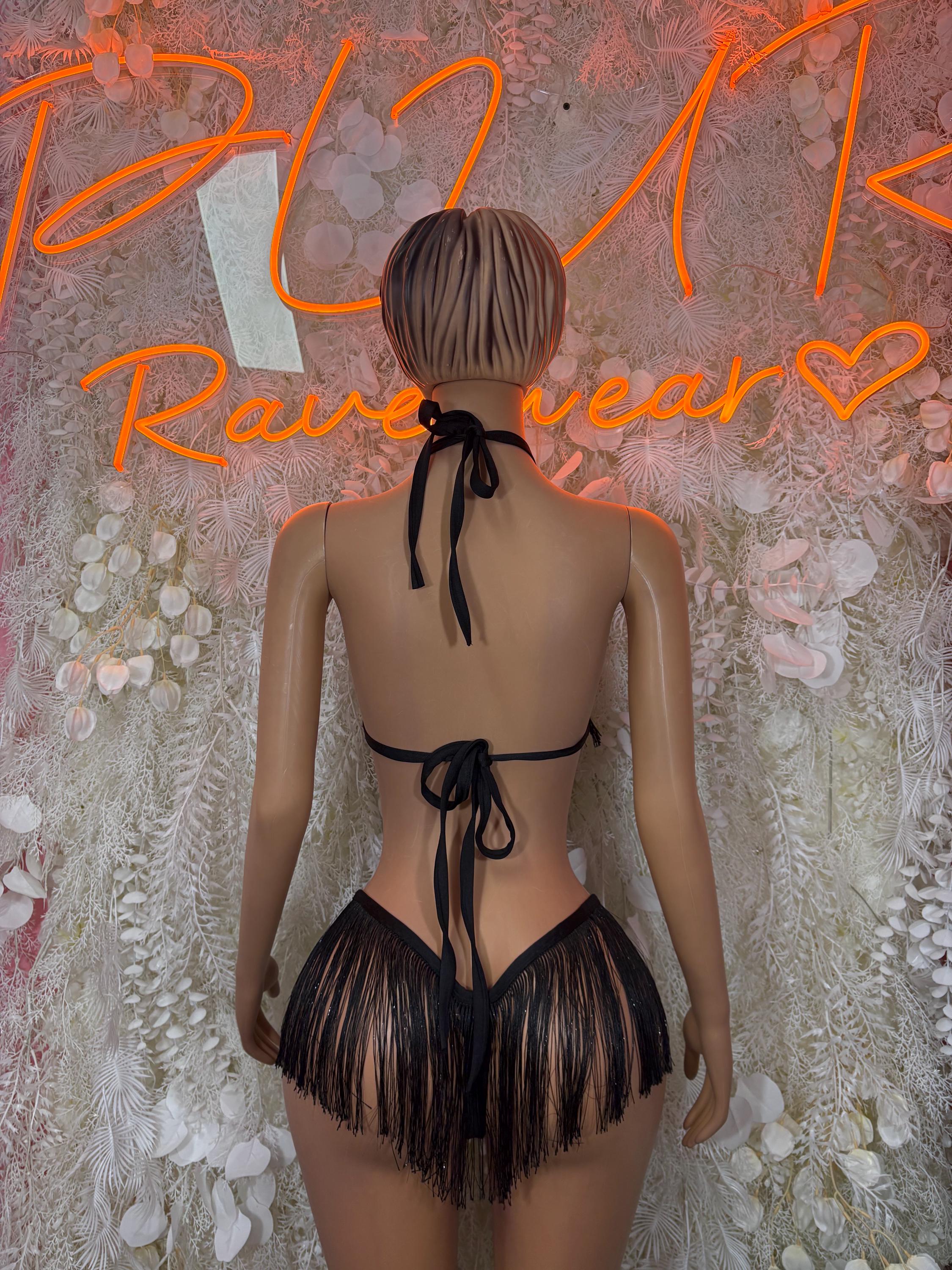Black fringe two-piece set, back view: halter ties and tassel bottoms