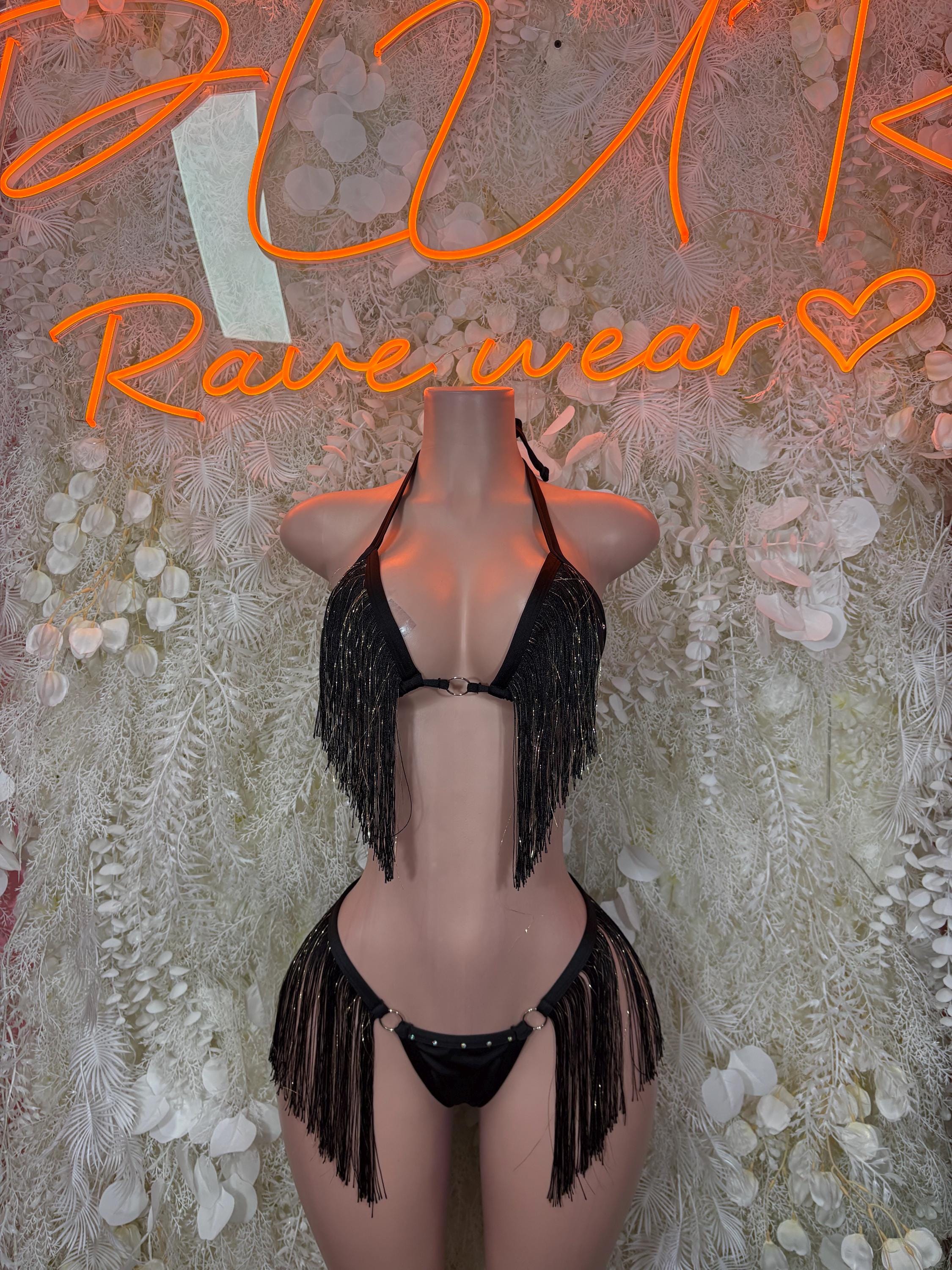 Black fringe halter bikini set, front view on mannequin