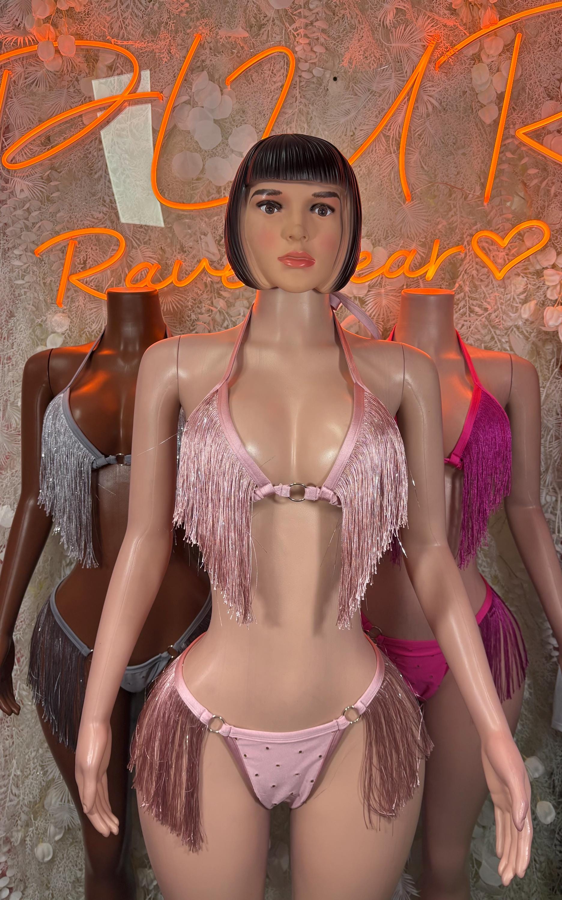 Pink fringe two-piece dancewear set with halter bra top and bikini bottoms