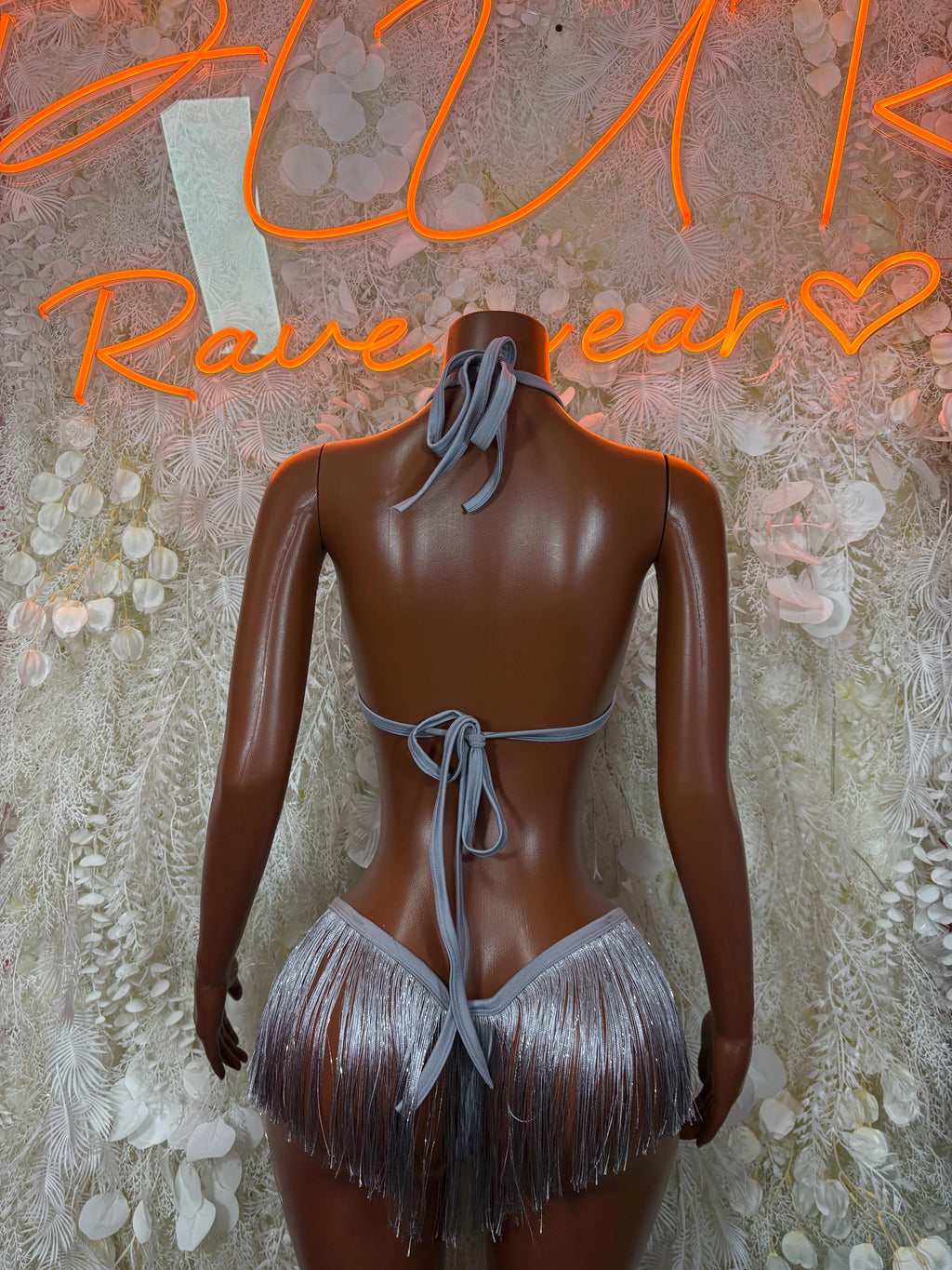 Grey fringe two-piece dancewear set with halter backless top and tied bikini bottoms