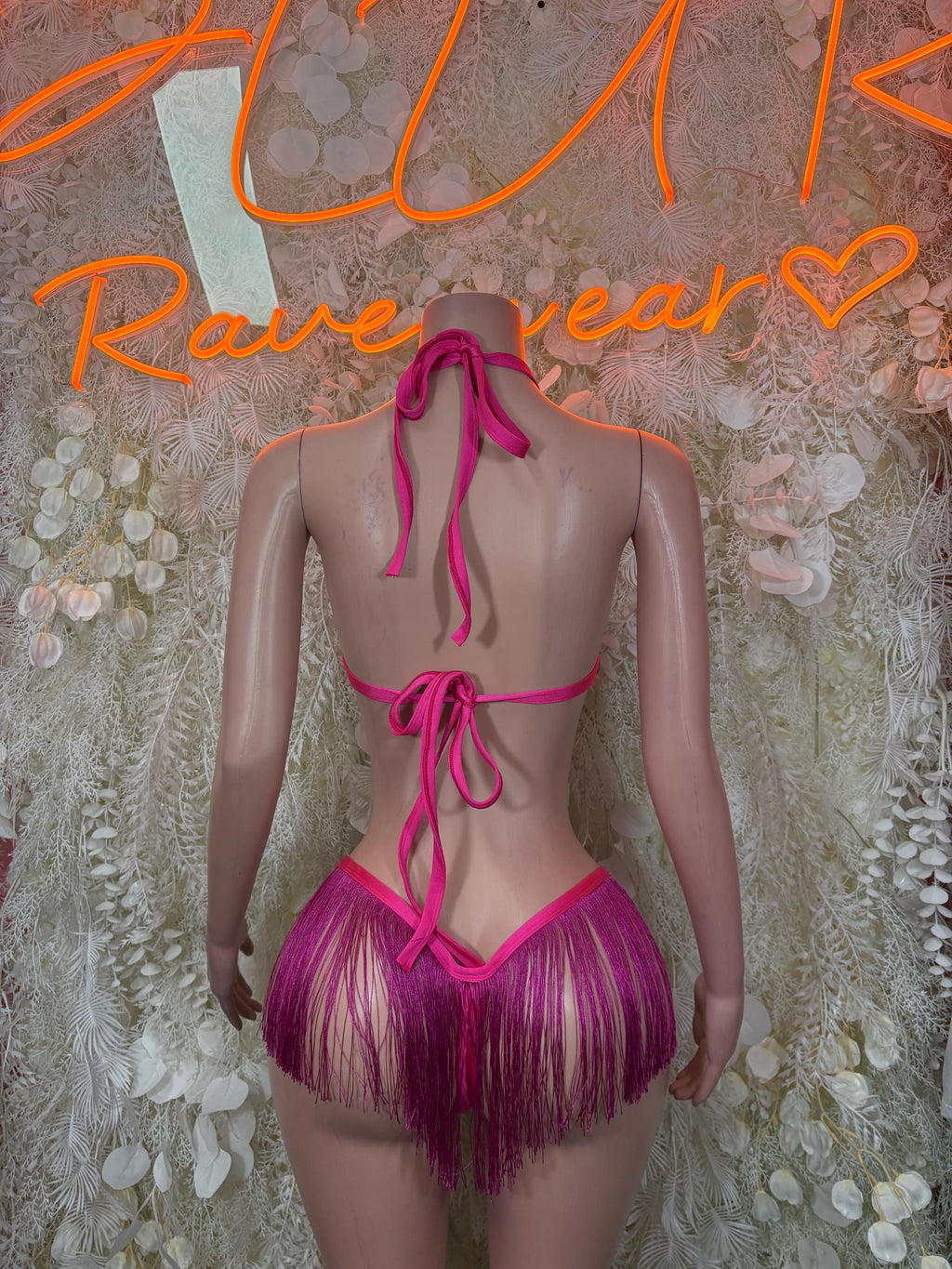 Pink fringe two-piece rave bikini set with tie-back top and matching bottom