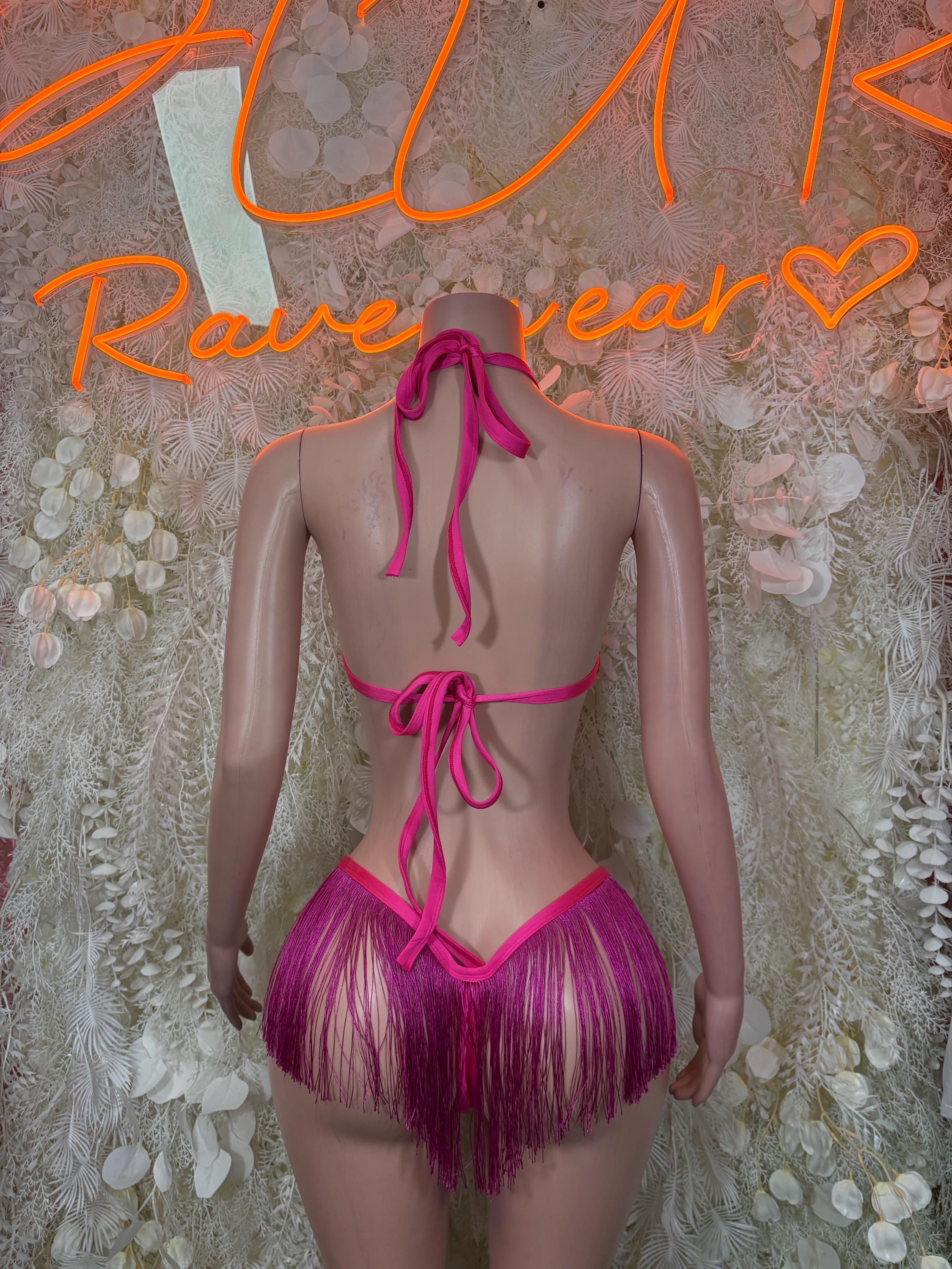 Pink fringe two-piece rave bikini set with tie-back top and matching bottom