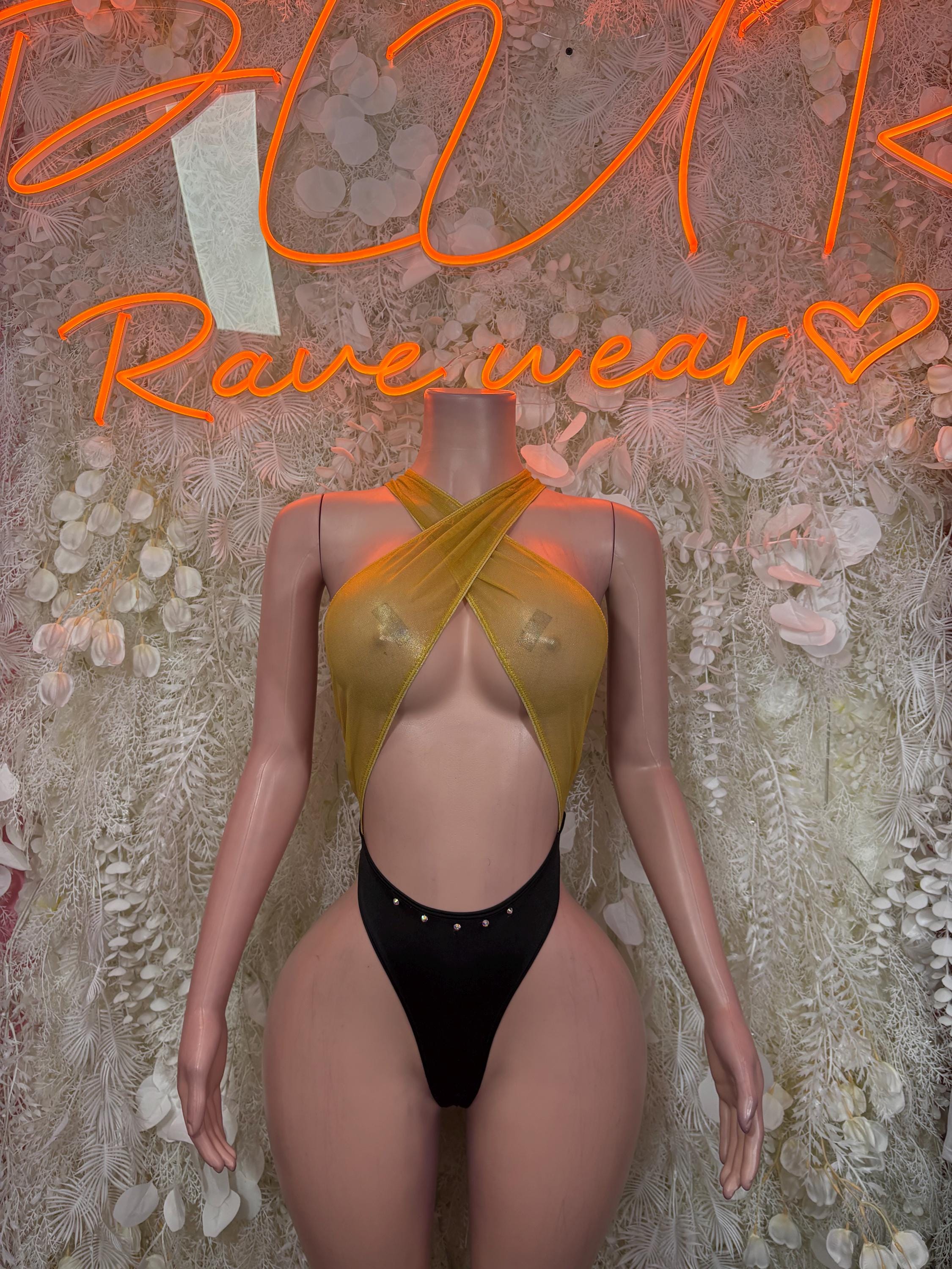 Gold and black bodysuit with crisscross back straps and black thong front