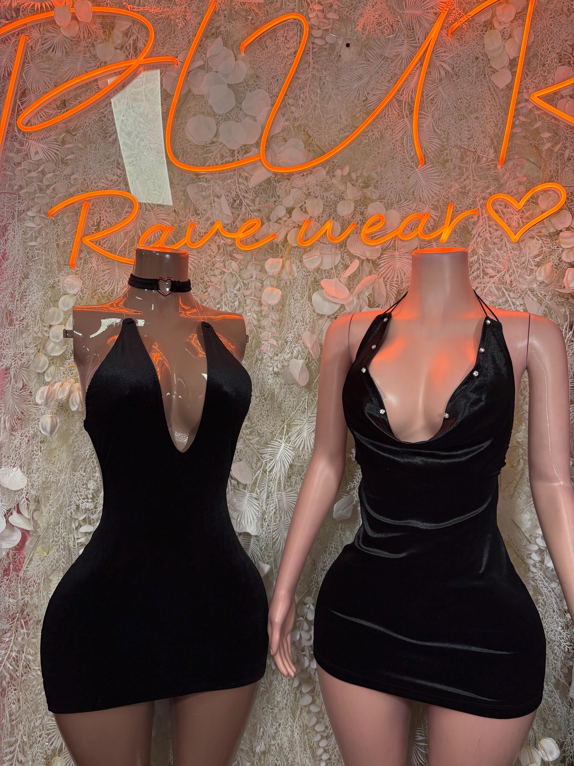 Black mini rave dress with halter straps, V neckline, backless design