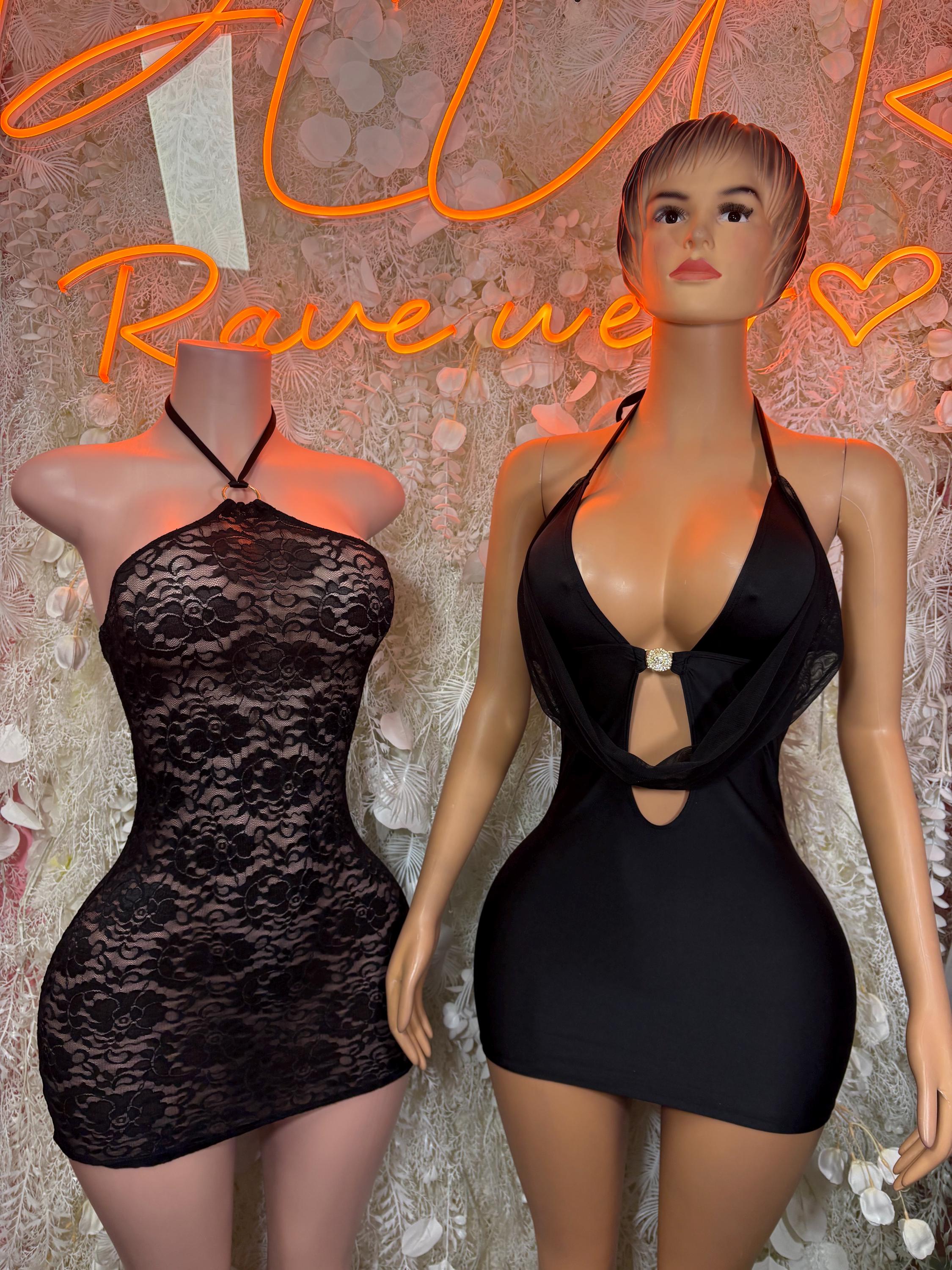 Black lace halter mini dress on mannequin and model, front keyhole detail