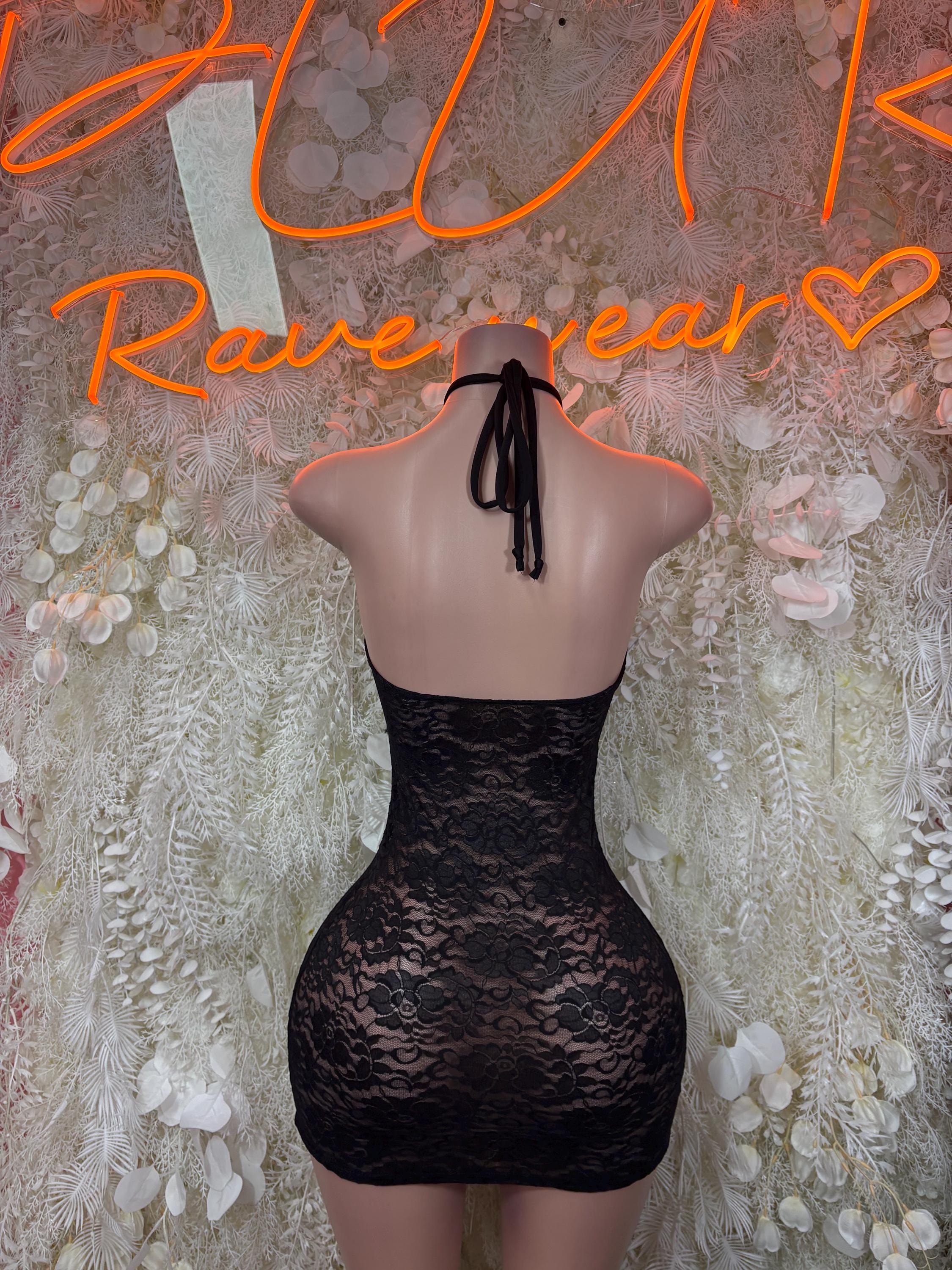 Black lace halter mini dress, open back with neck-tie straps