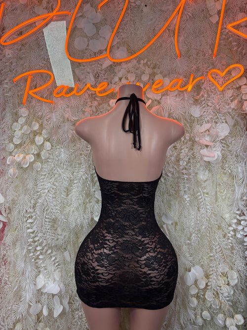 Black lace halter mini dress, open back with neck-tie straps