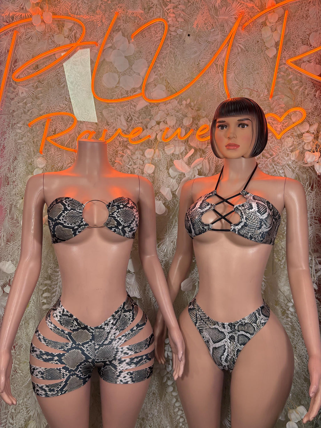 Snake-print two-piece dancewear set with halter bra and matching shorts, front view