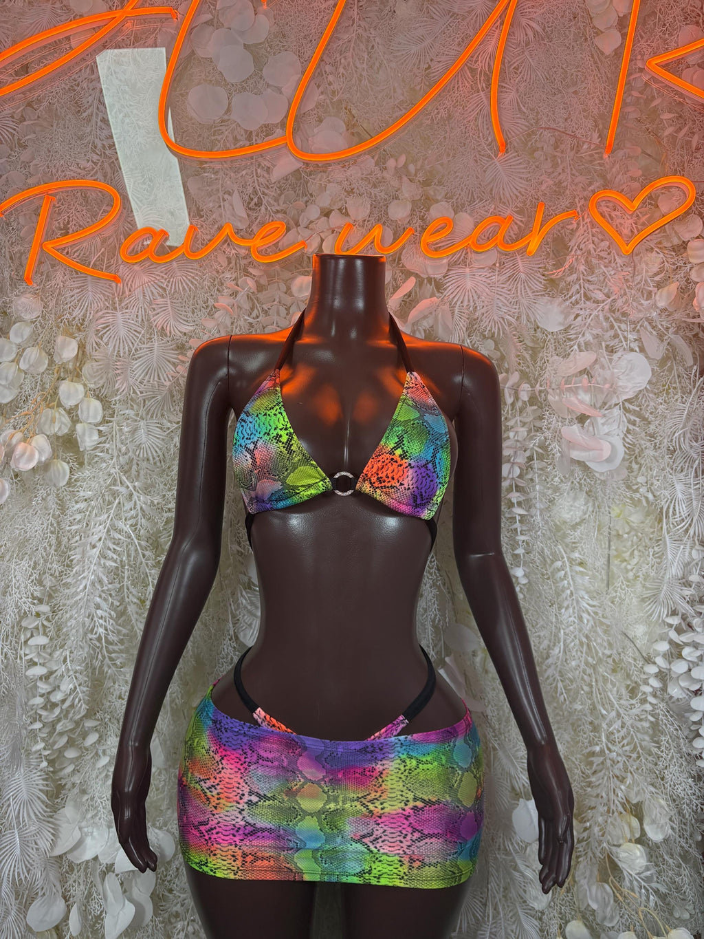 Rainbow snake-print bikini set: triangle bra and matching scrunch-style bottoms