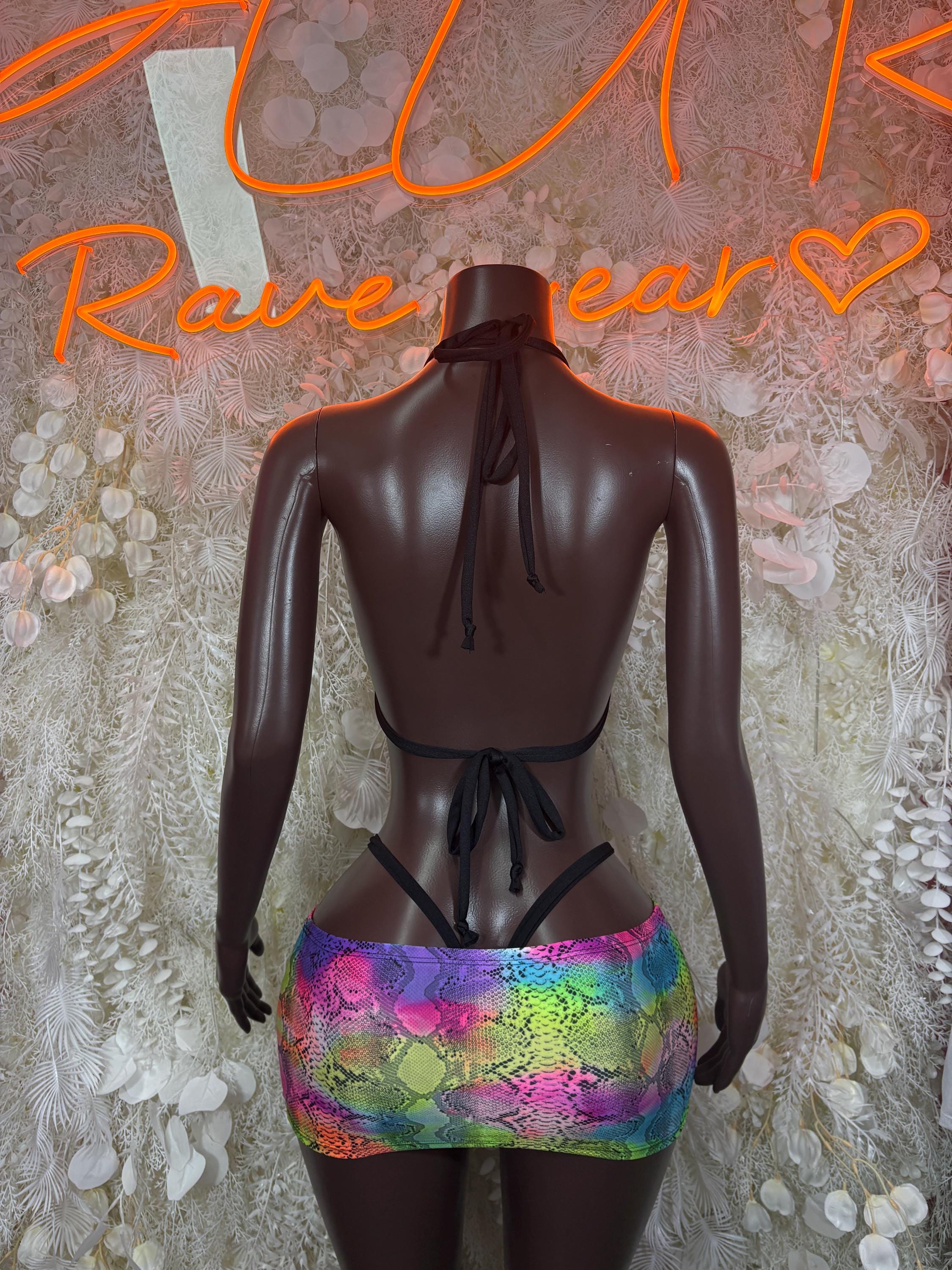 Back view bikini set with rainbow snake-print, triangle straps and tie-back bottoms