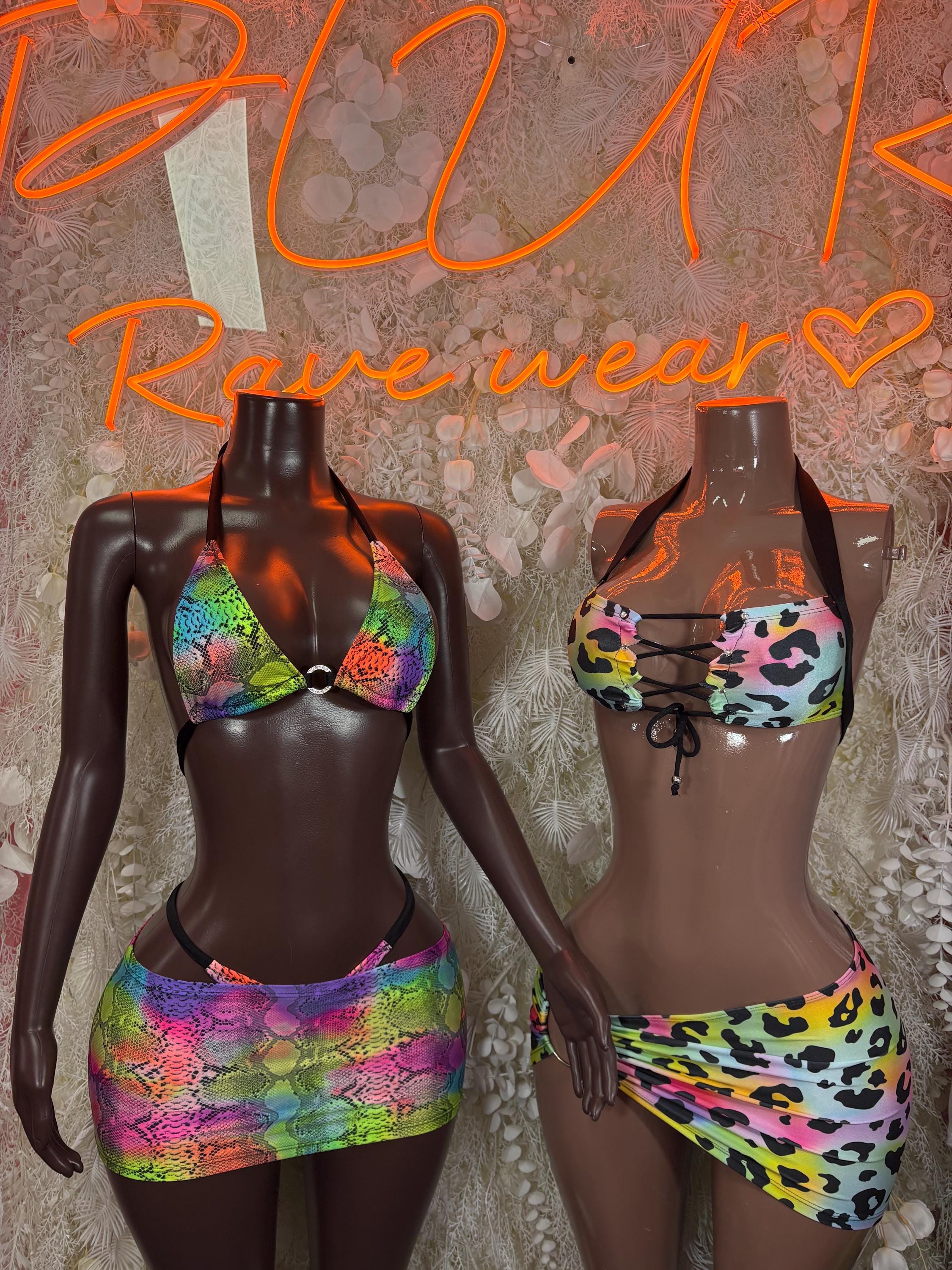Two-piece bikini set pair: rainbow snake-print and multicolor leopard-print triangles
