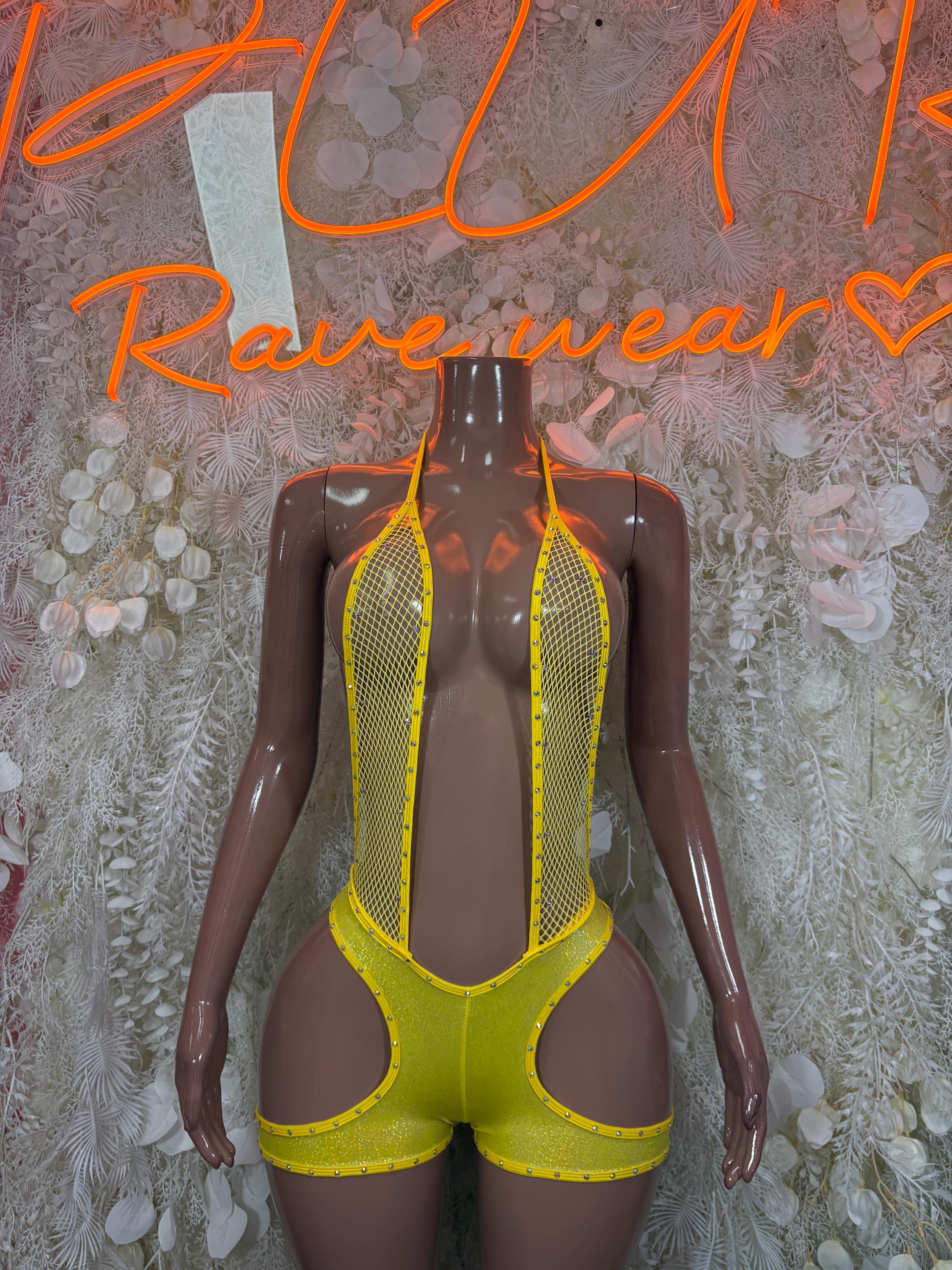 Yellow fishnet bodysuit with yellow paneling and cutout sides