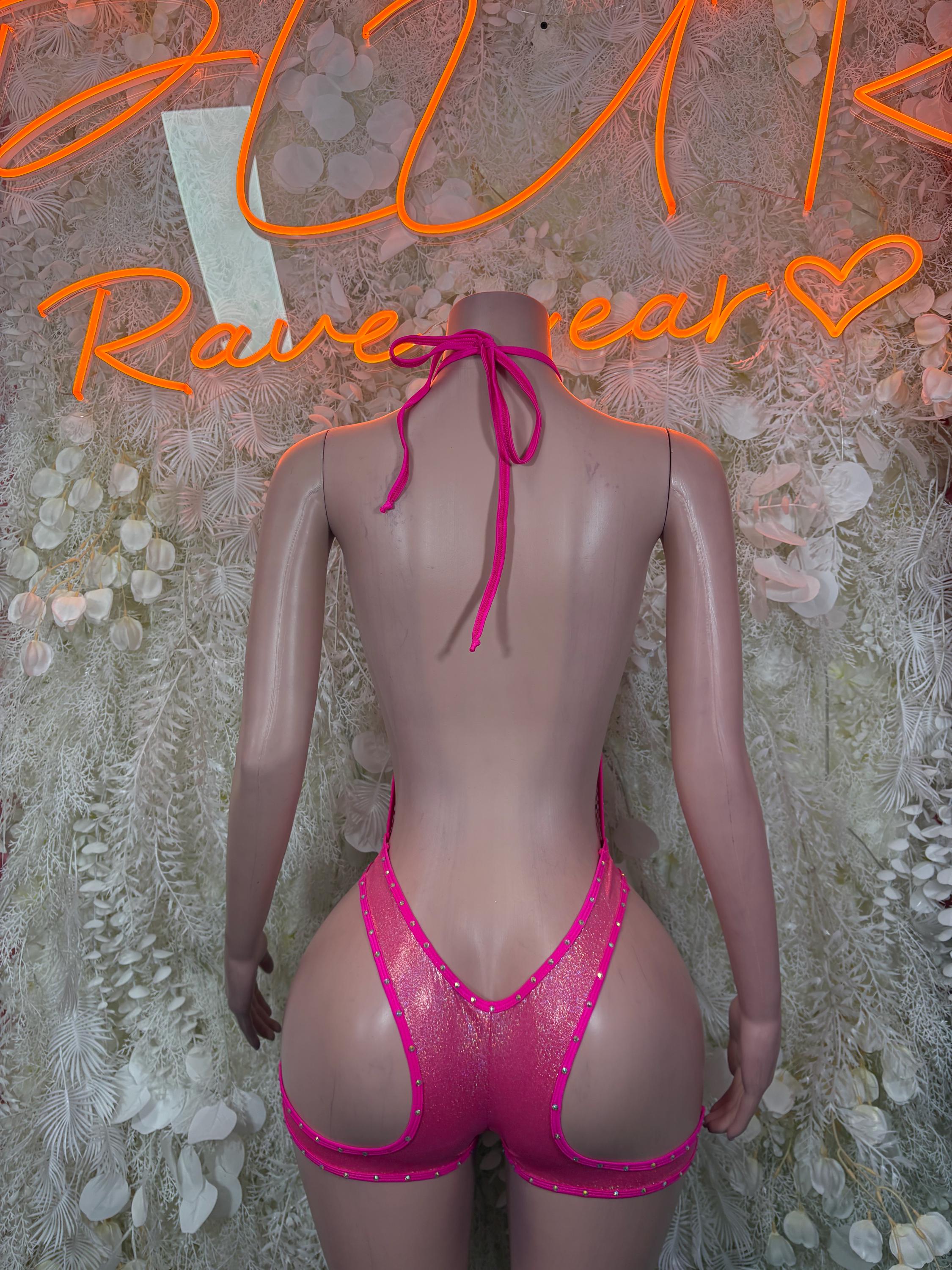 Pink fishnet bodysuit backless with lace-up ties and rhinestone trim, back view