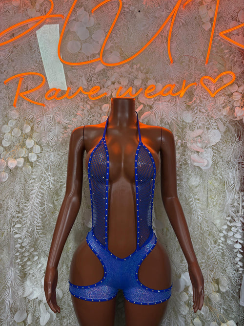 Blue glitter halter bodysuit with cutout hips and sheer black straps
