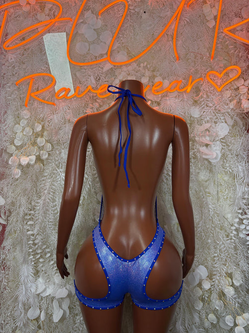 Blue glitter backless bodysuit with bow ties at neck and low open back