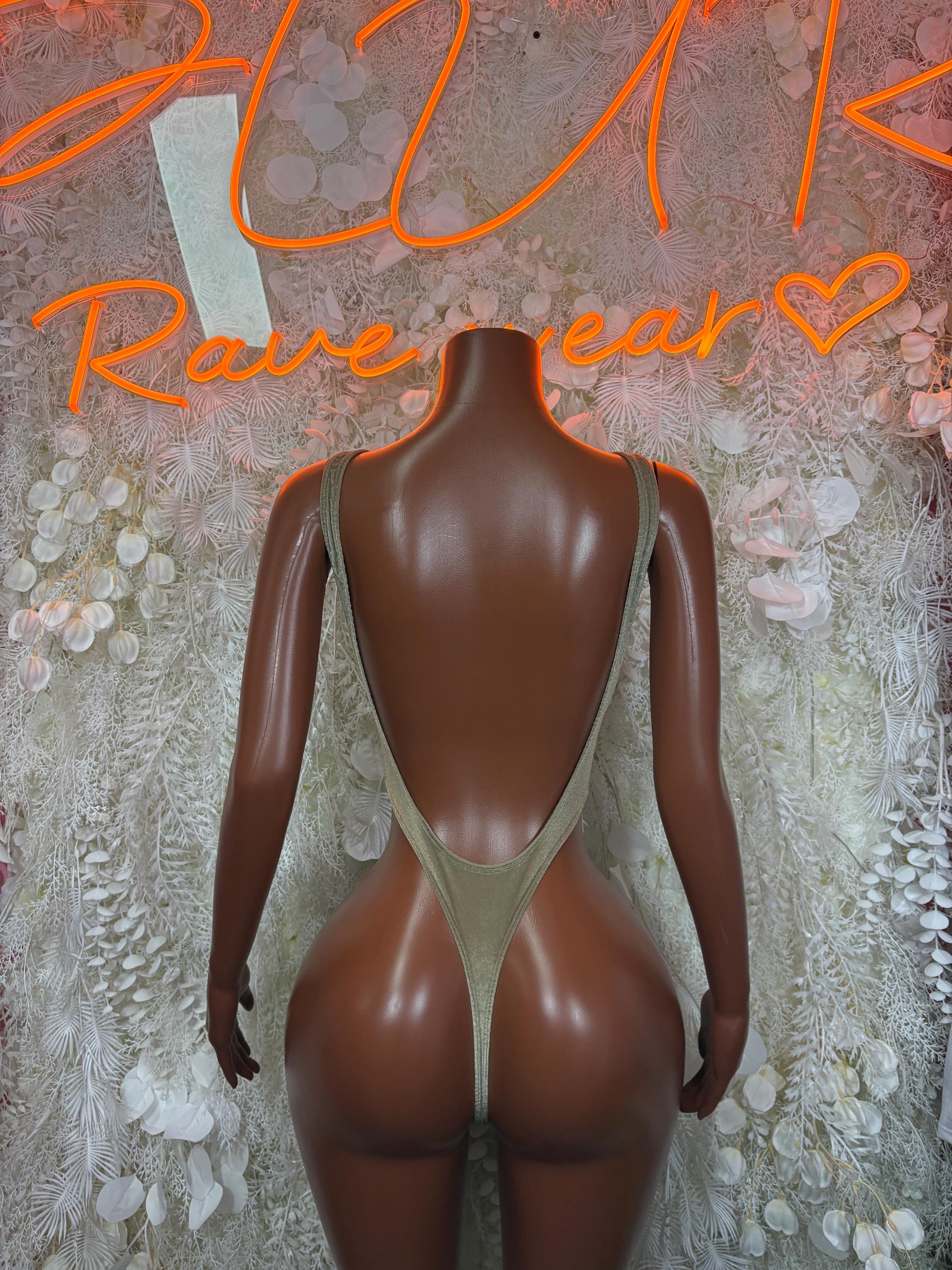 Tan velvet bodysuit backless with open back and thin shoulder straps