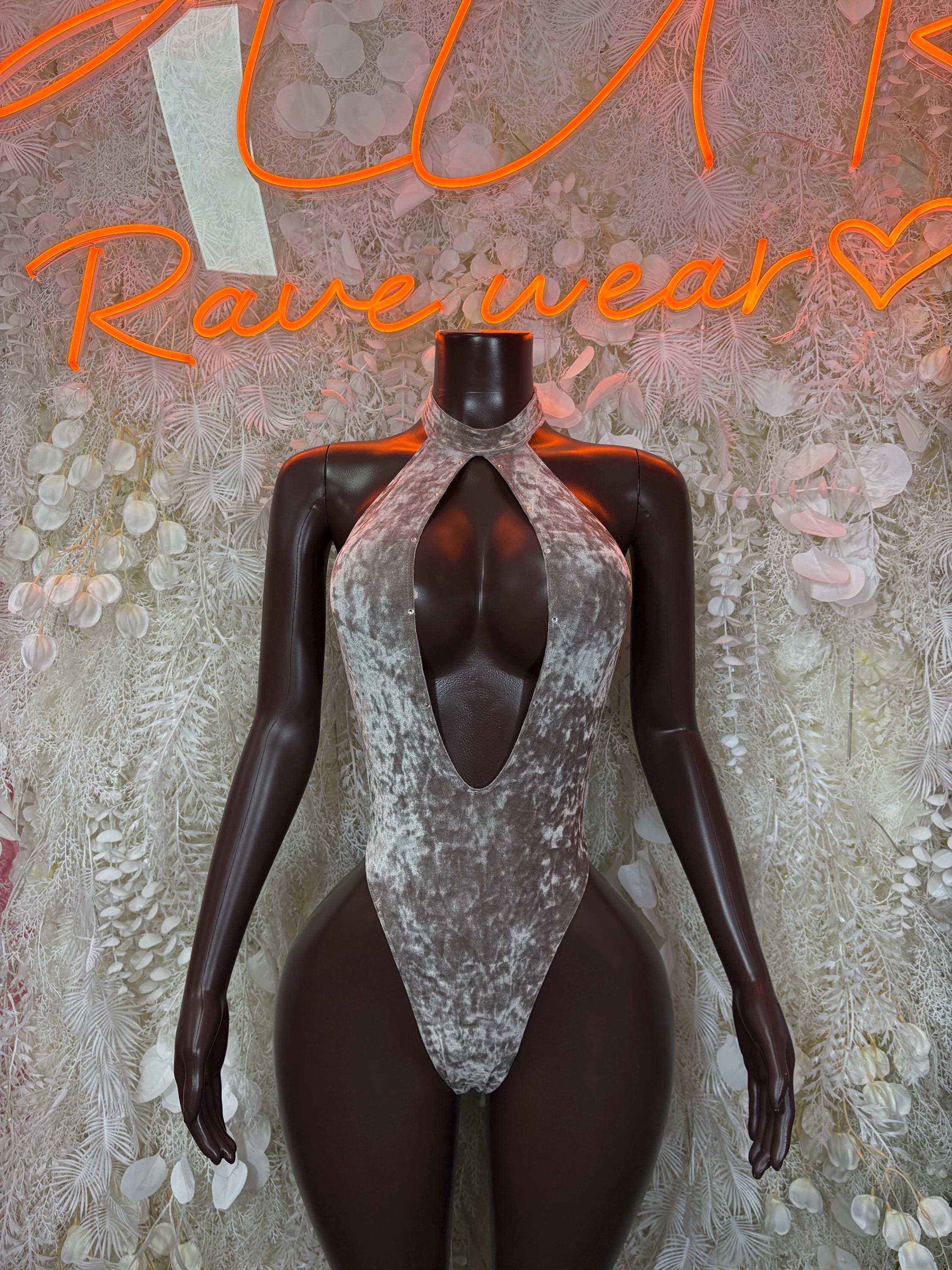 Silver velvet bodysuit with deep V neck and keyhole front