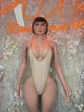 Nude V-neck rhinestone bodysuit with thin straps, sleeveless one-piece