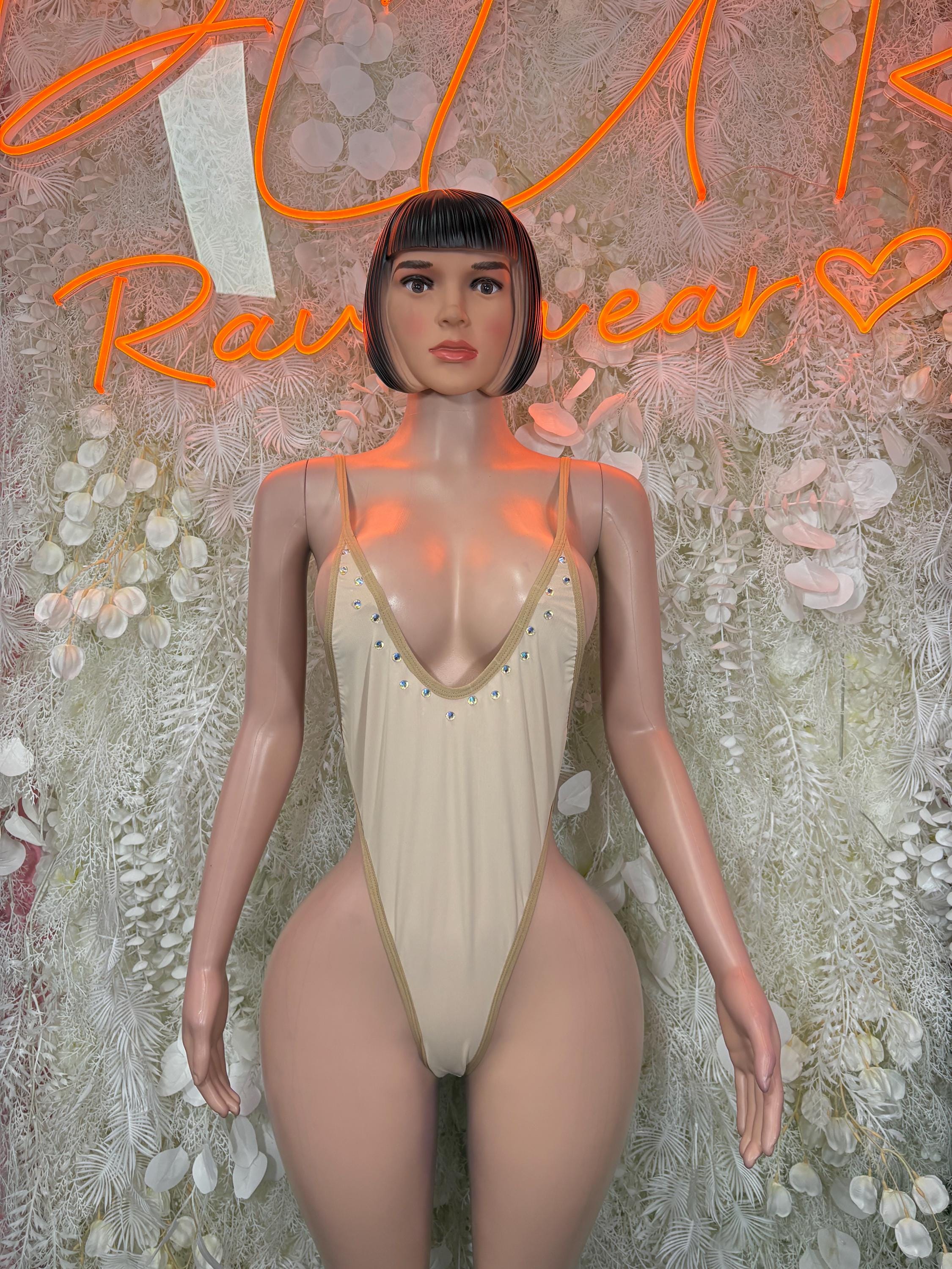 Nude V-neck rhinestone bodysuit with thin straps, sleeveless one-piece