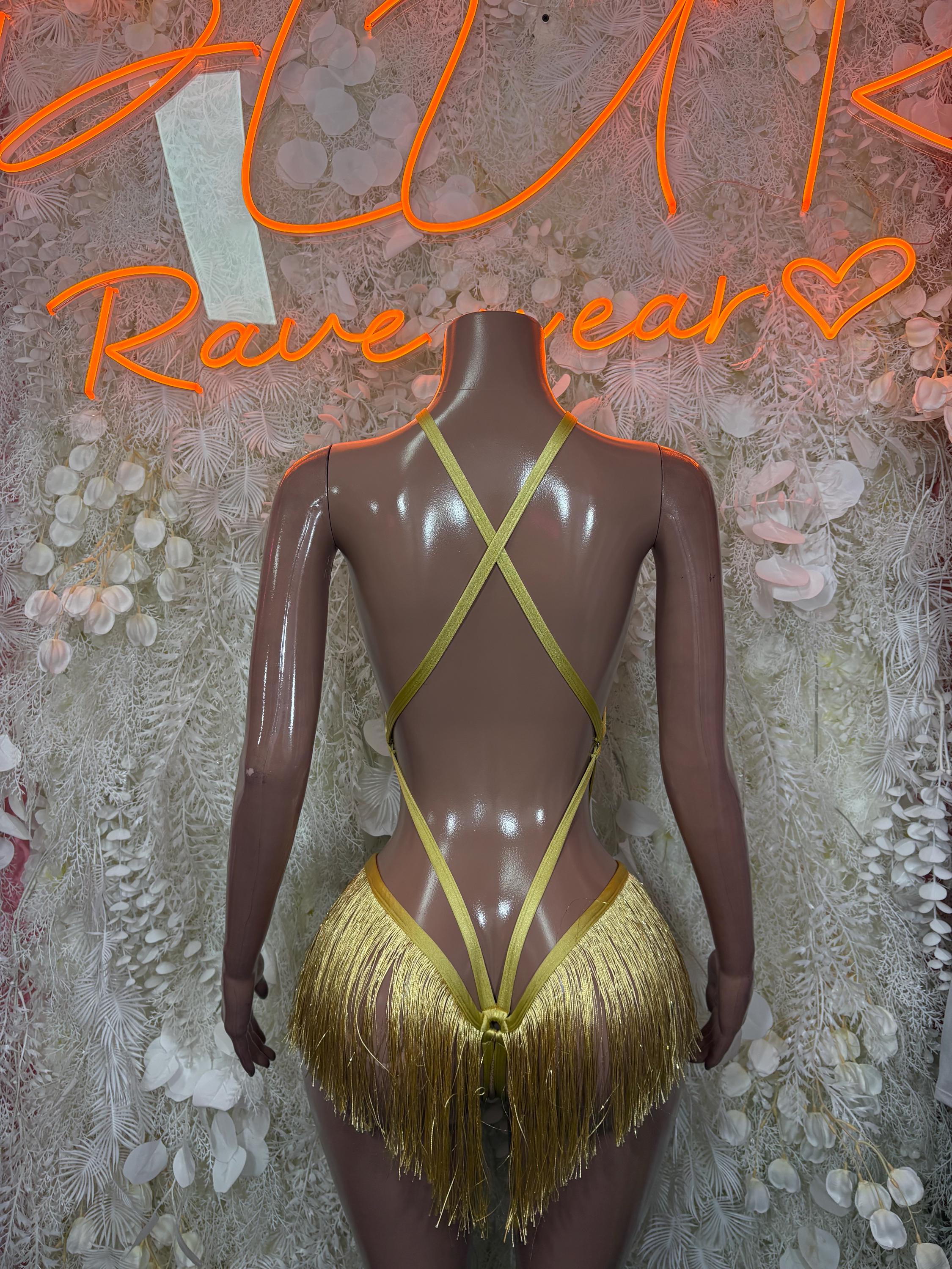 Fringe dance bodysuit back view with crisscross straps and gold tassel fringe