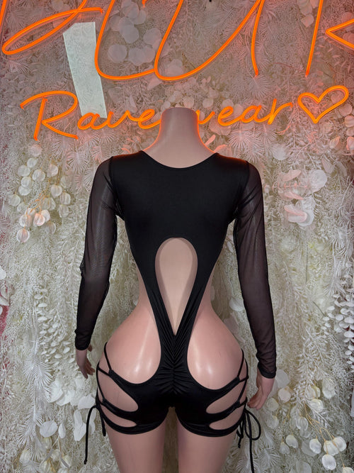 Black sheer bodysuit with deep back cutout and long sleeves