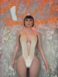 Tan velvet V-neck bodysuit, sleeveless one-piece festival dancewear
