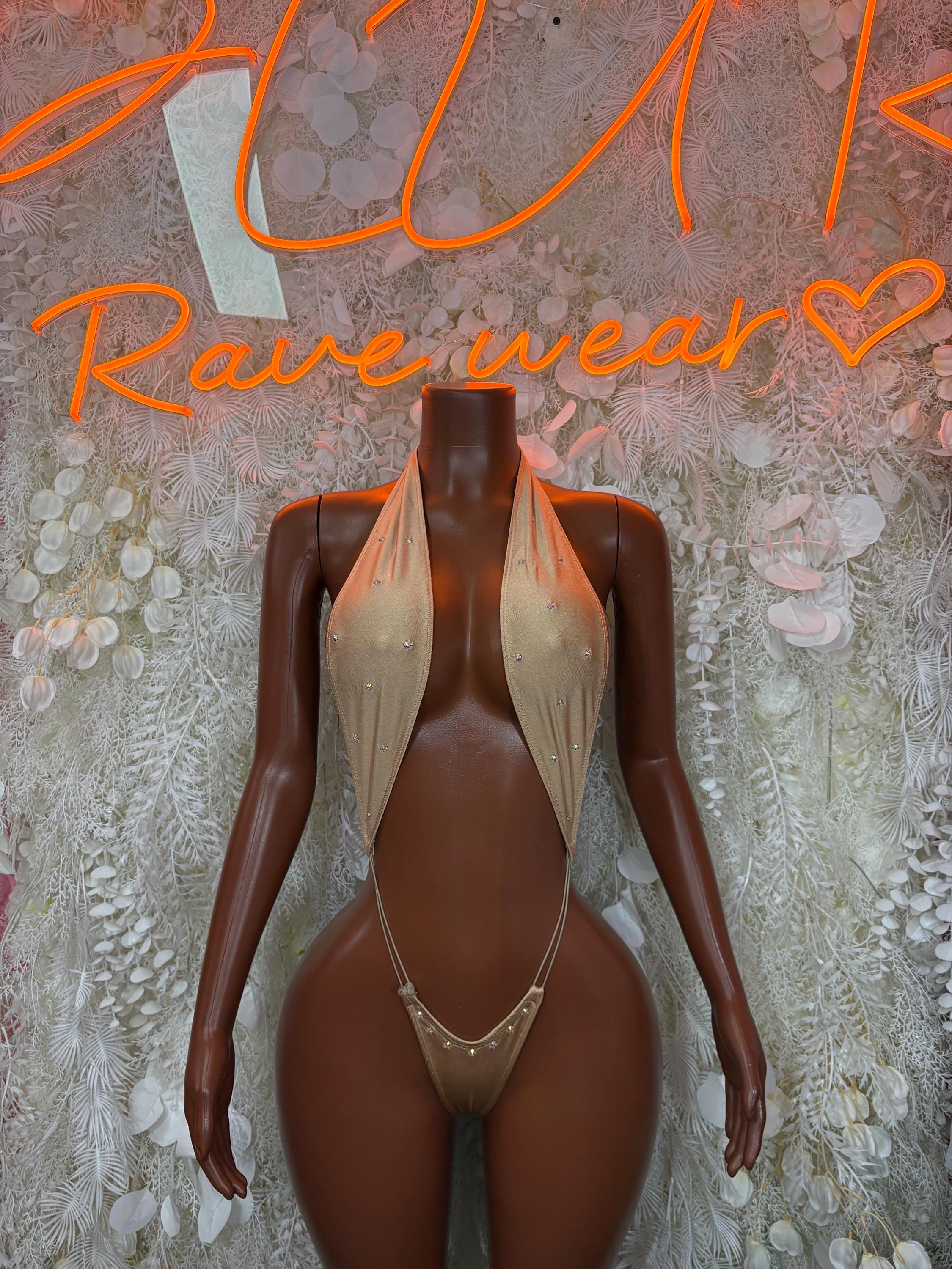 Tan halter sequin bodysuit with V-neck and cheeky cut, front view