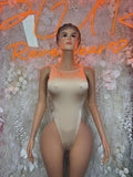 Tan satin bodysuit with square neckline and thin straps, one-piece thong cut
