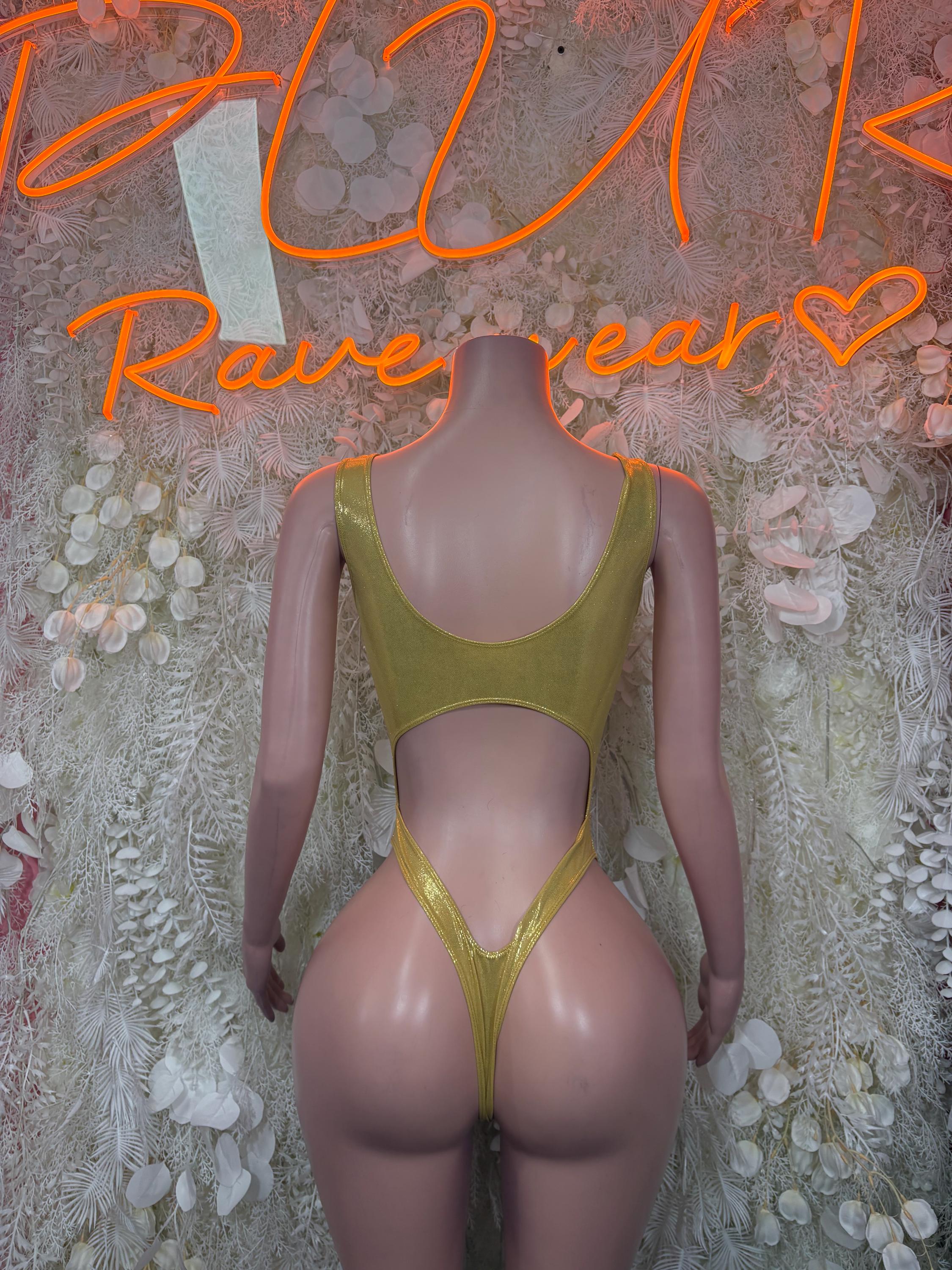 Gold metallic one-piece bodysuit with scoop-back and high-cut leg