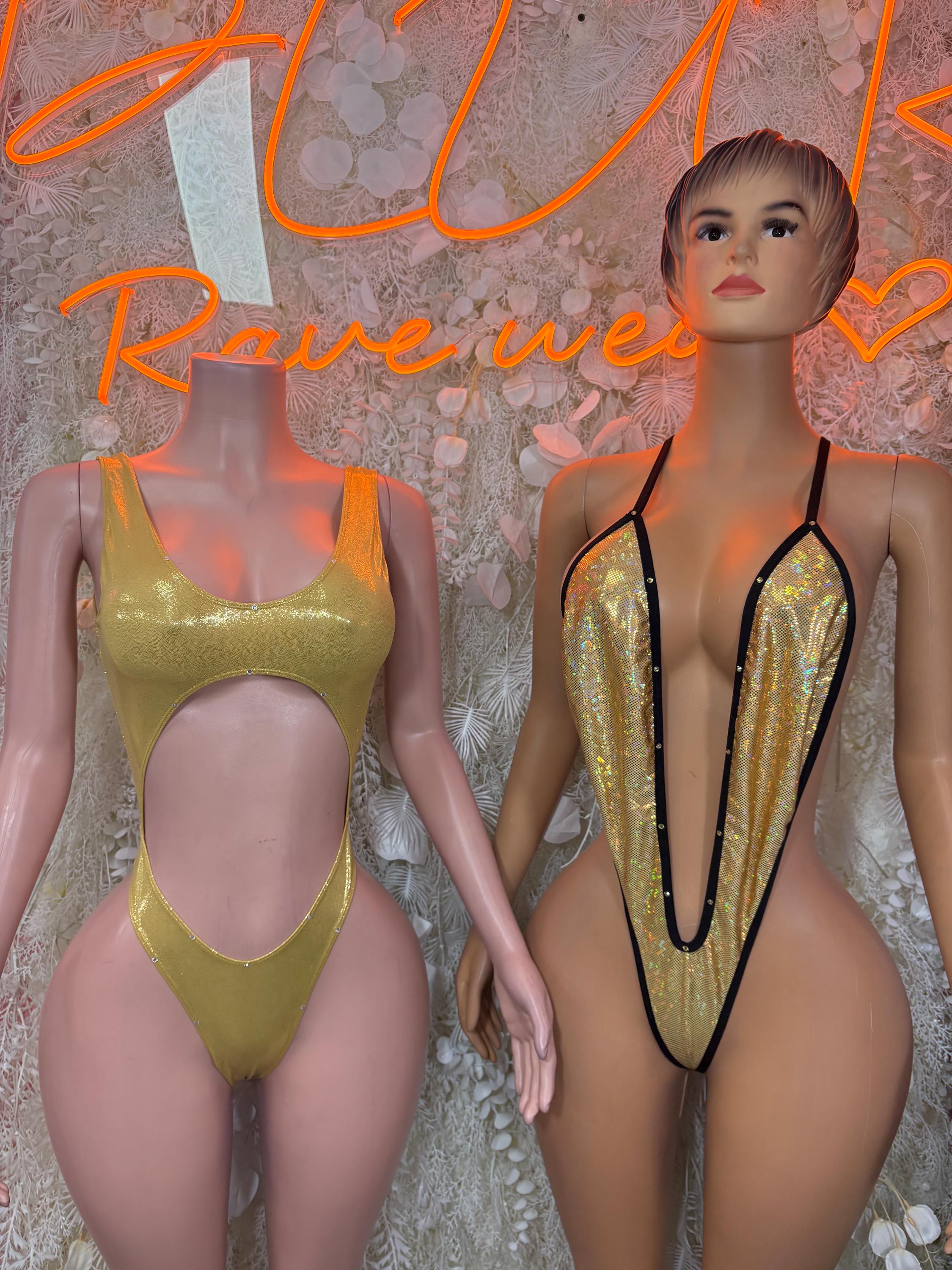 Gold metallic festival bodysuit with open back and thin straps