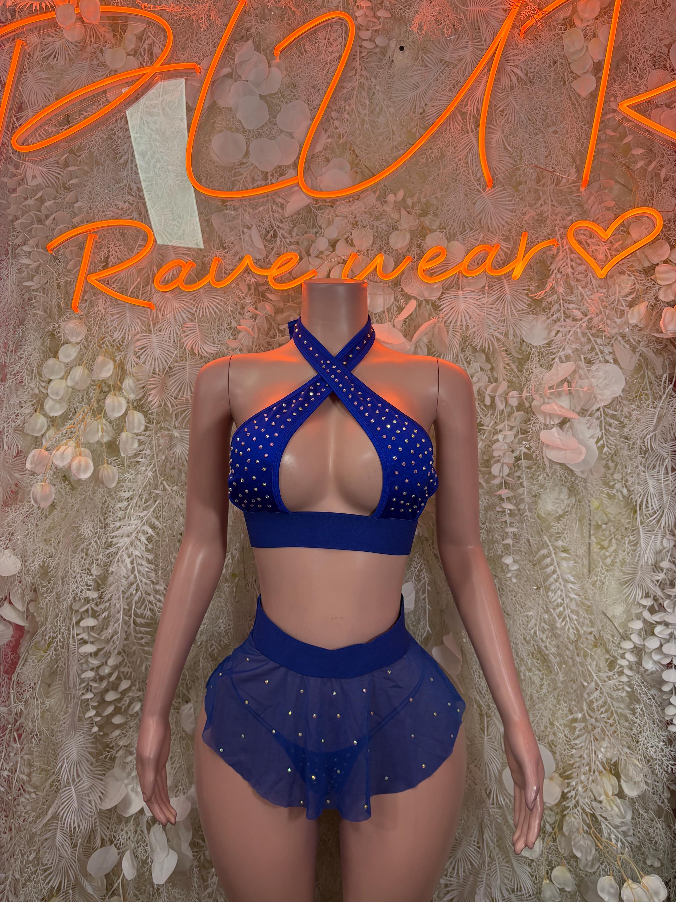 Blue rhinestone halter crop top with crisscross straps and blue mini skirt set