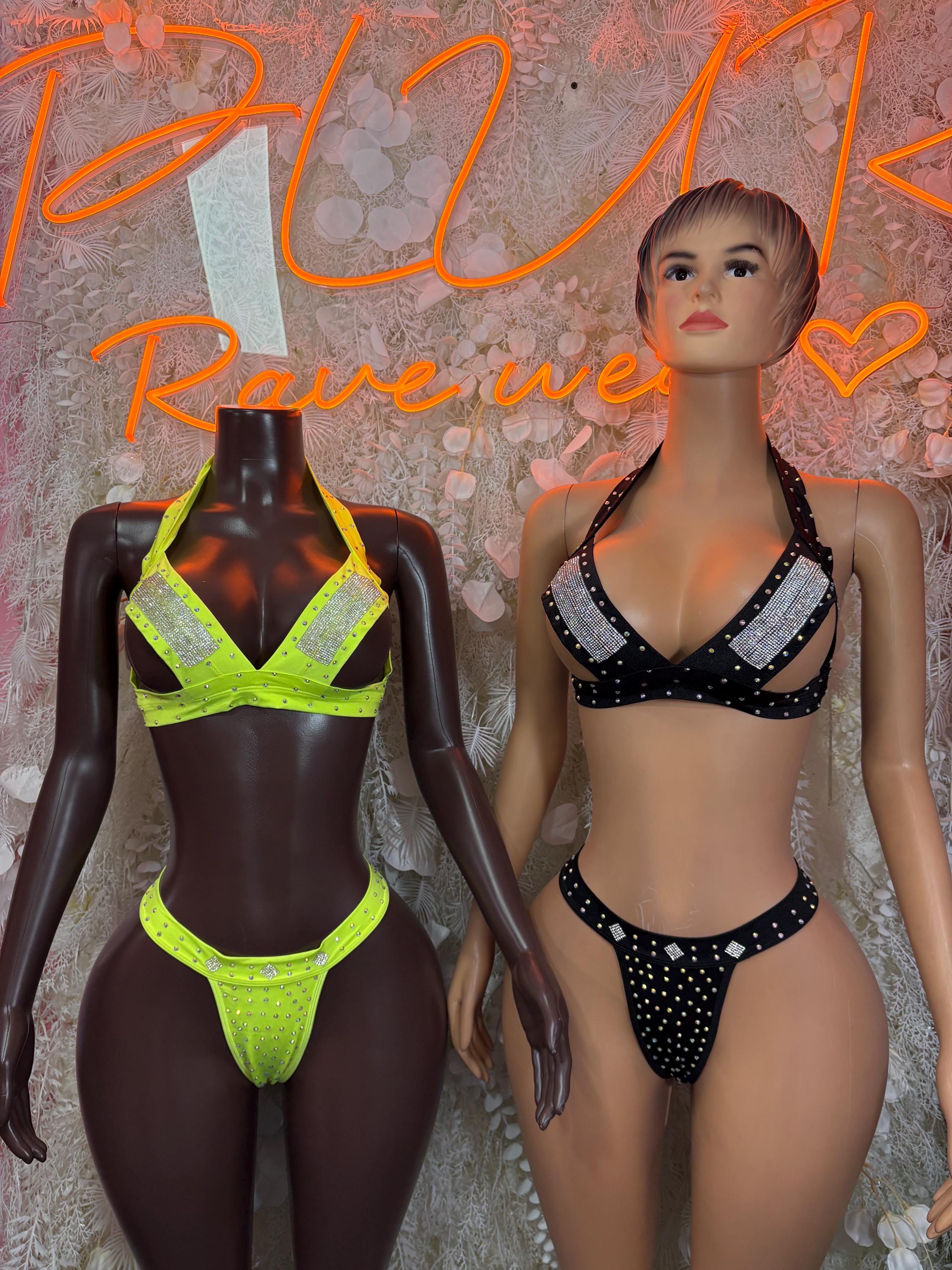 Two-piece festival bikini set: neon green on one mannequin, black rhinestone on the other