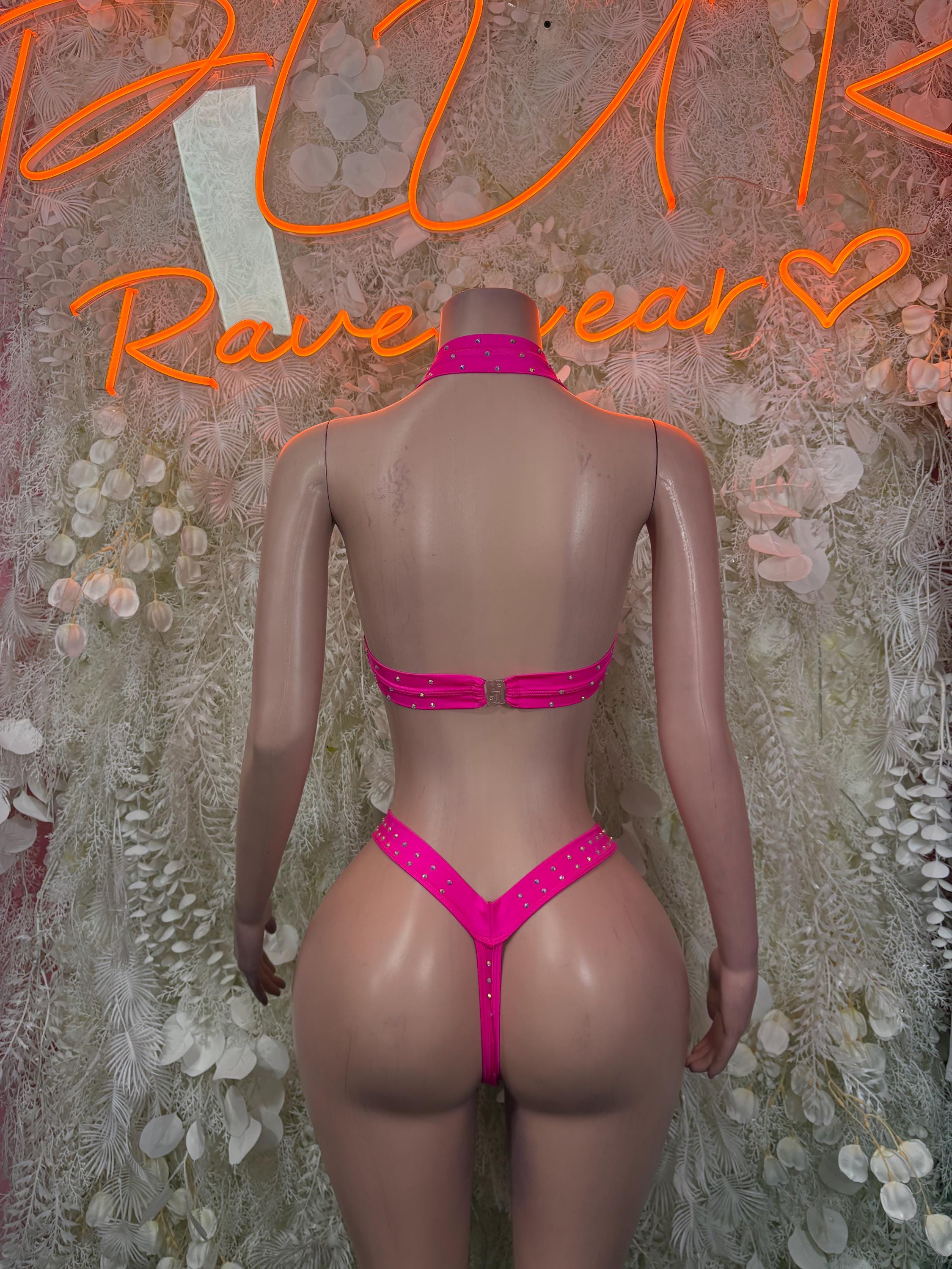 Pink rhinestone bikini set back view with strappy band and high-cut bottoms