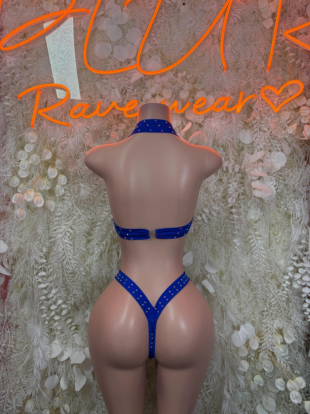 Blue rhinestone strappy bikini top with high-cut bottoms, two-piece set back view