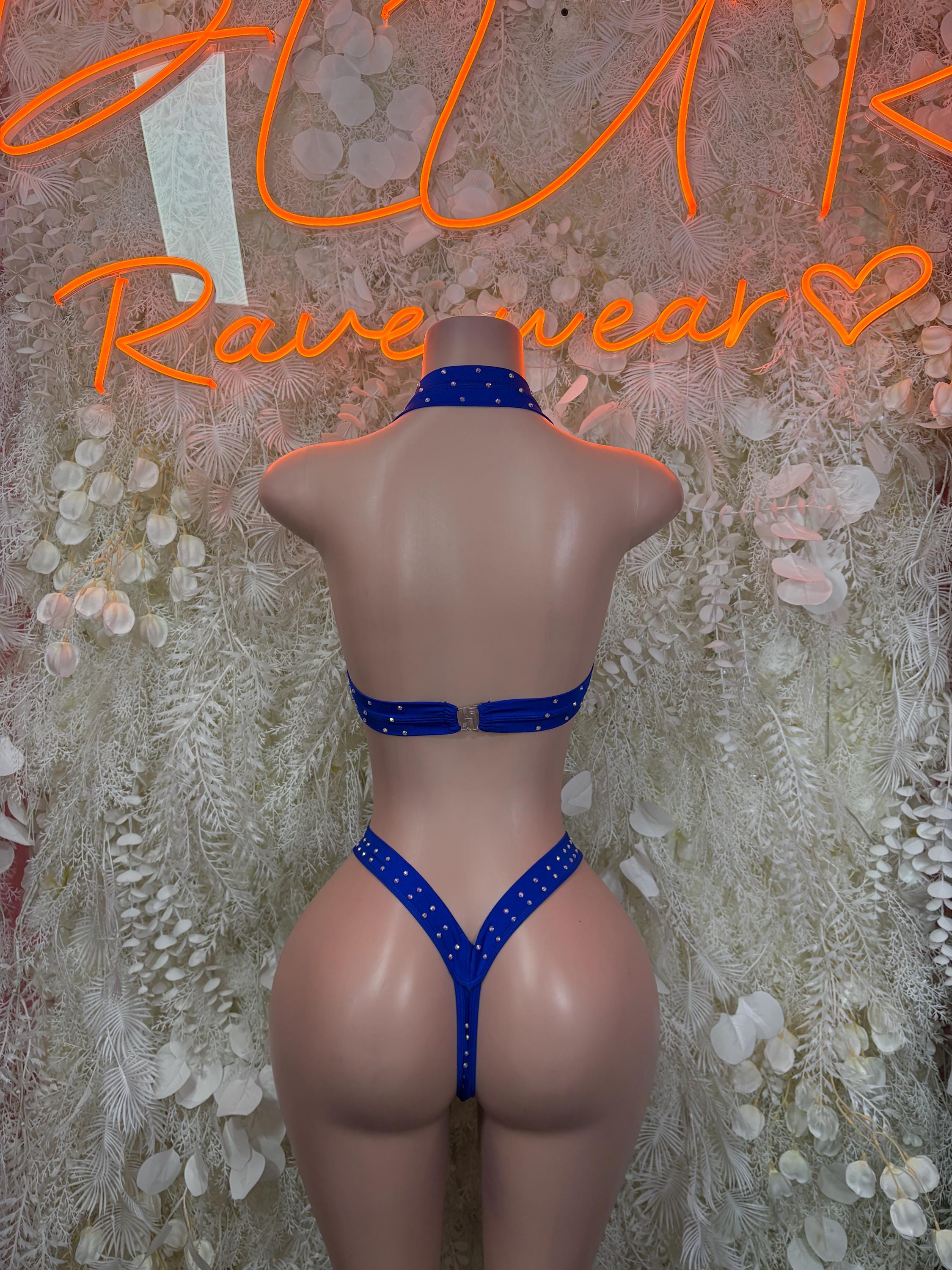 Blue rhinestone strappy bikini top with high-cut bottoms, two-piece set back view