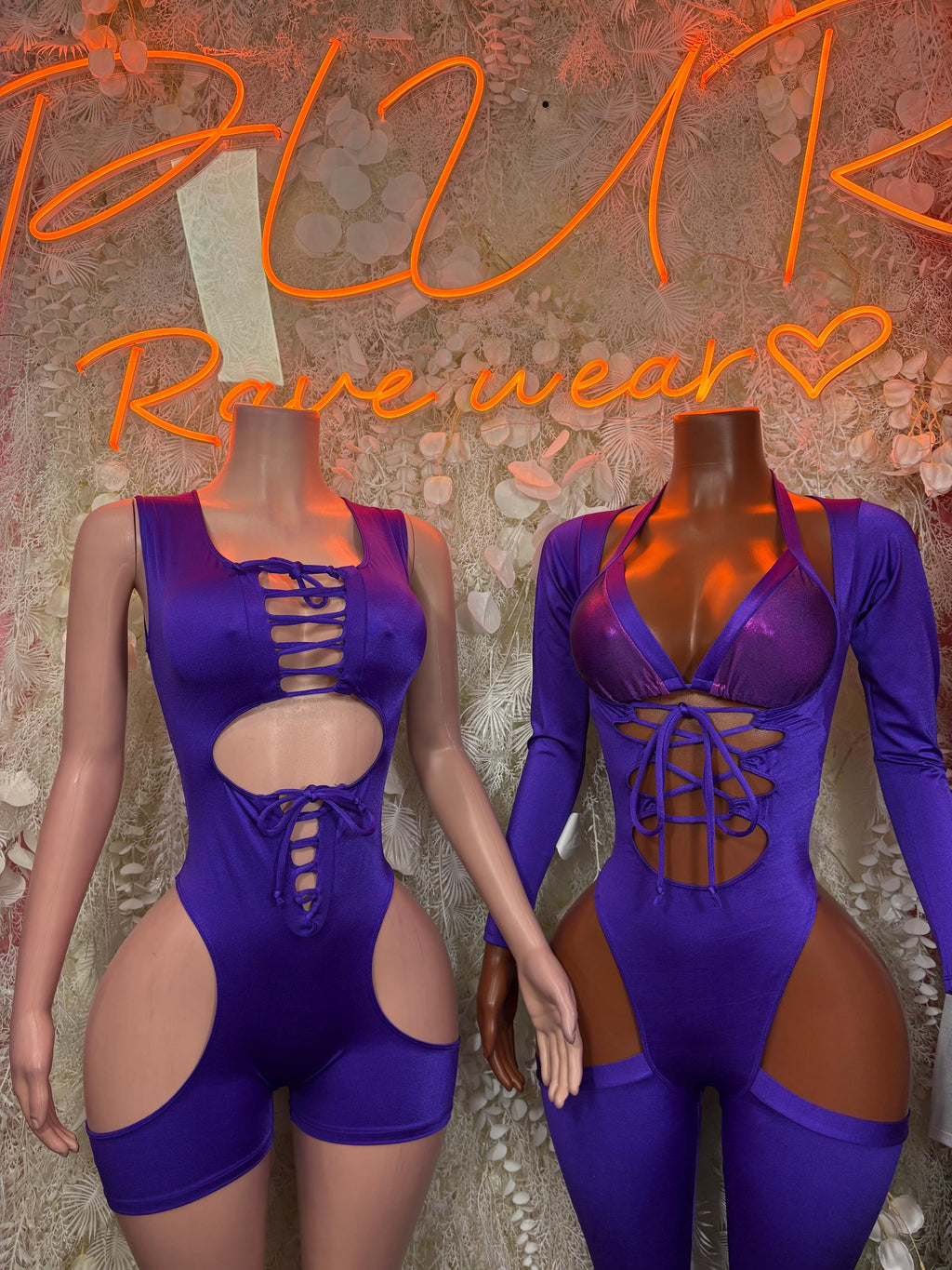 Purple one-piece dancewear, front lace-up and deep back cutout