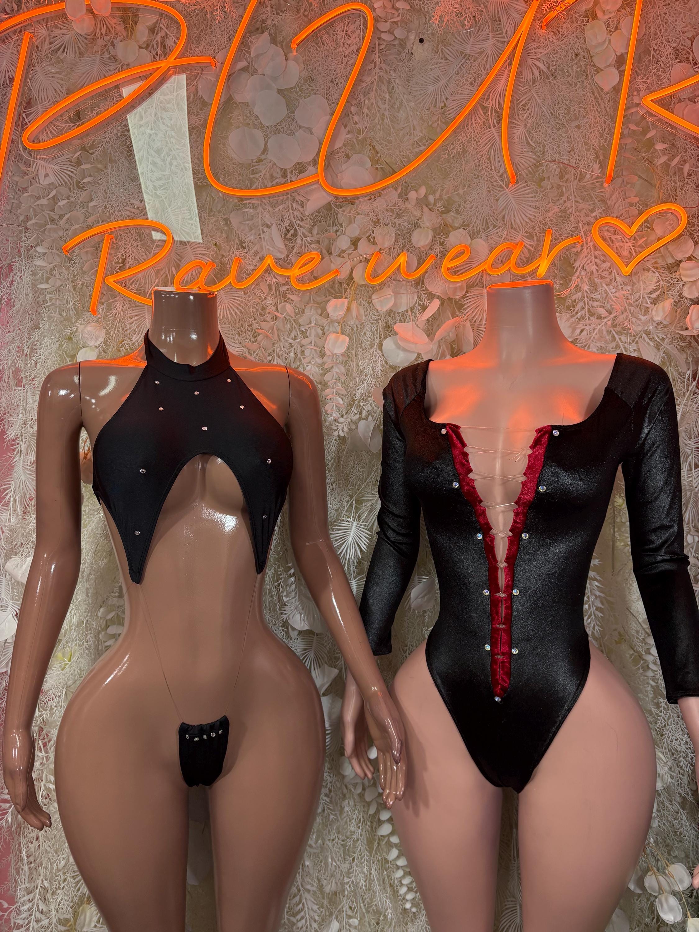 Black bodysuit shown front and open-back view with halter collar and tie.