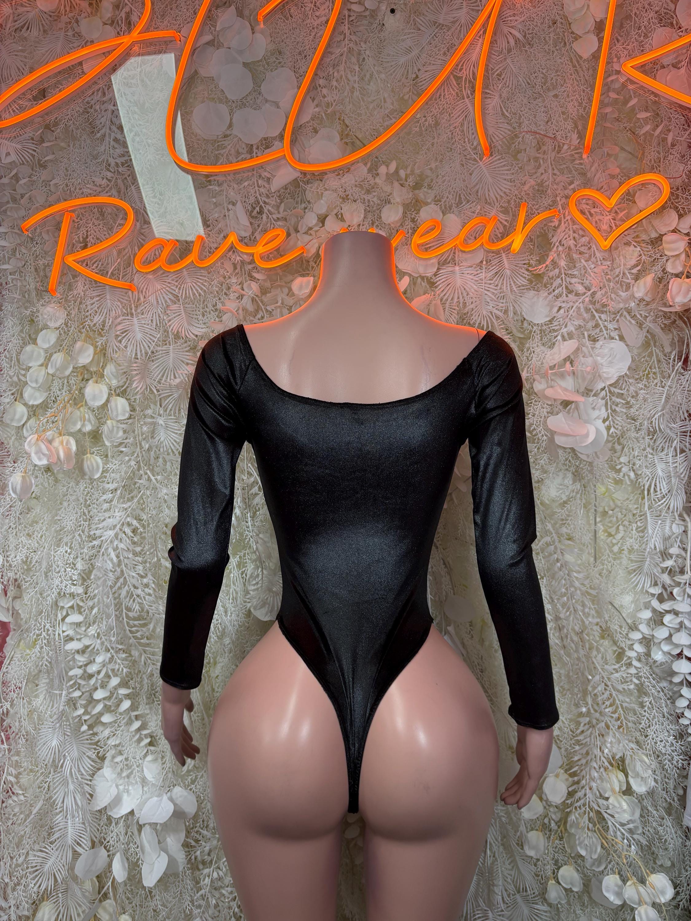 Black long-sleeve bodysuit with scoop neckline, fitted one-piece design
