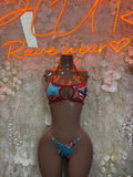 American flag stars and stripes bikini set with red trim, halter bra and cheeky bottoms